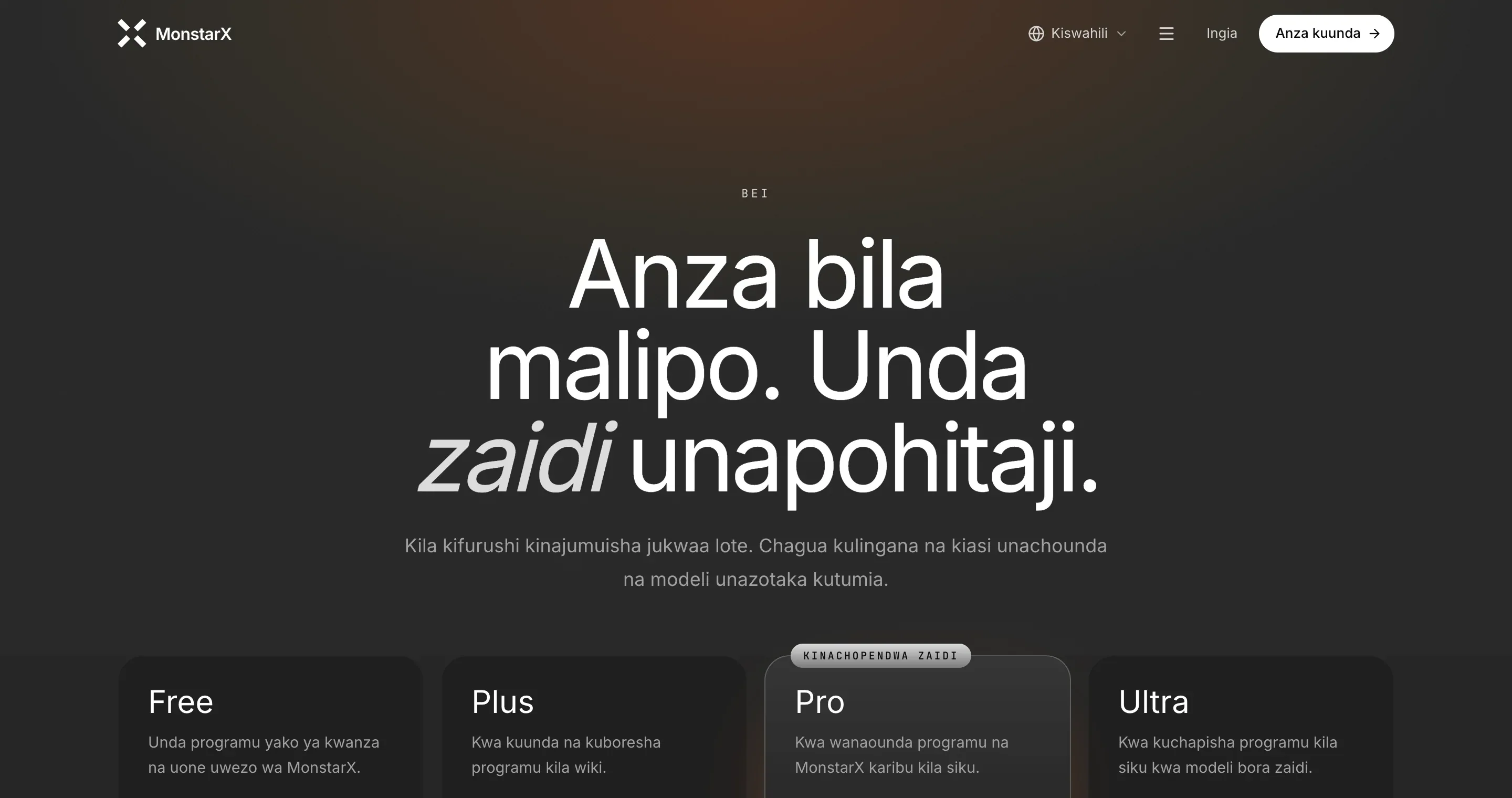Ukurasa wa Bei kwa Kiswahili: Anza bila malipo. Unda zaidi unapohitaji., na Kiswahili kikionekana kando ya aikoni ya dunia kwenye upau wa juu