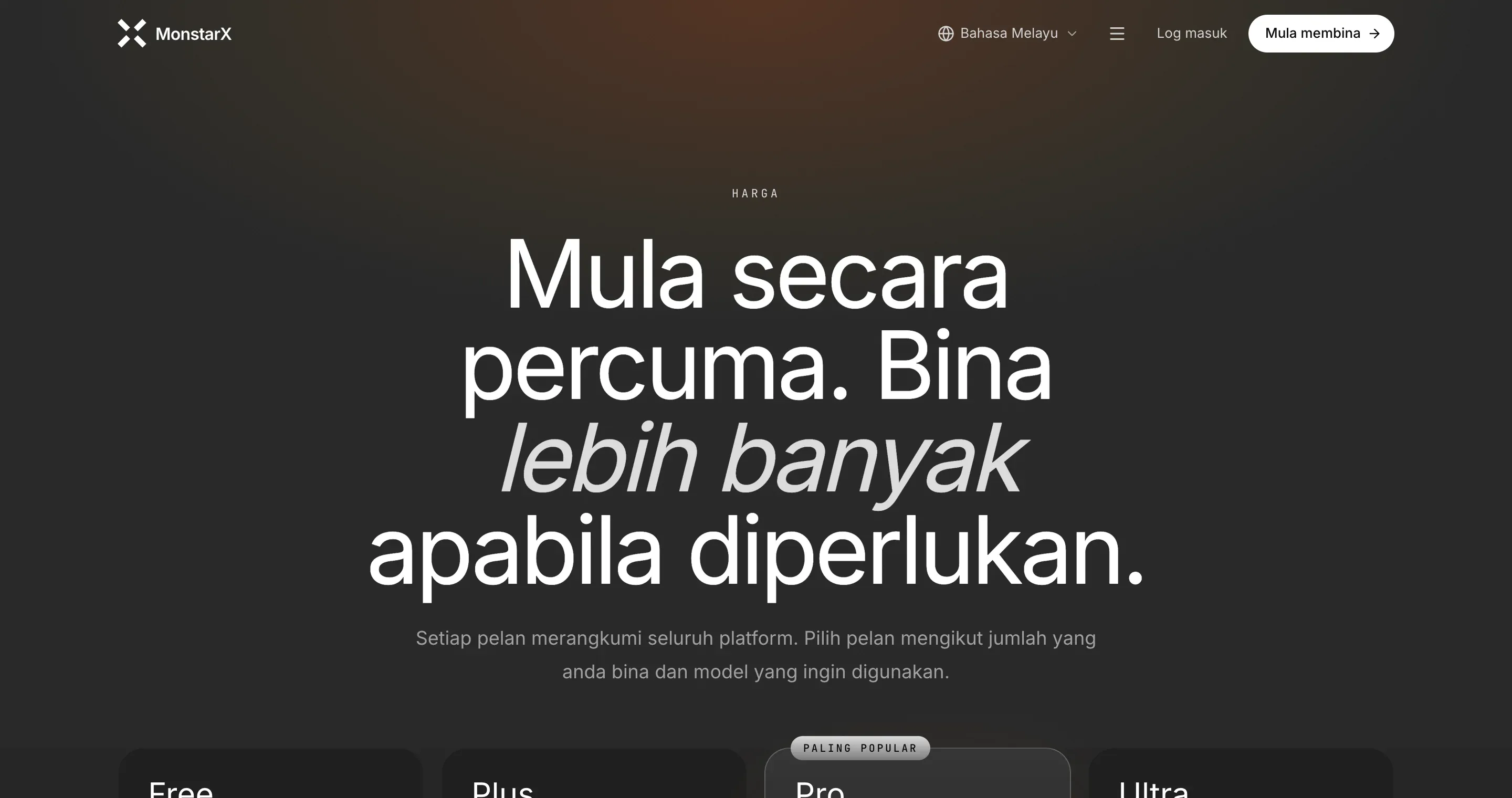 Halaman Harga dalam Bahasa Melayu, dengan Bahasa Melayu ditunjukkan di sebelah ikon glob di bar atas