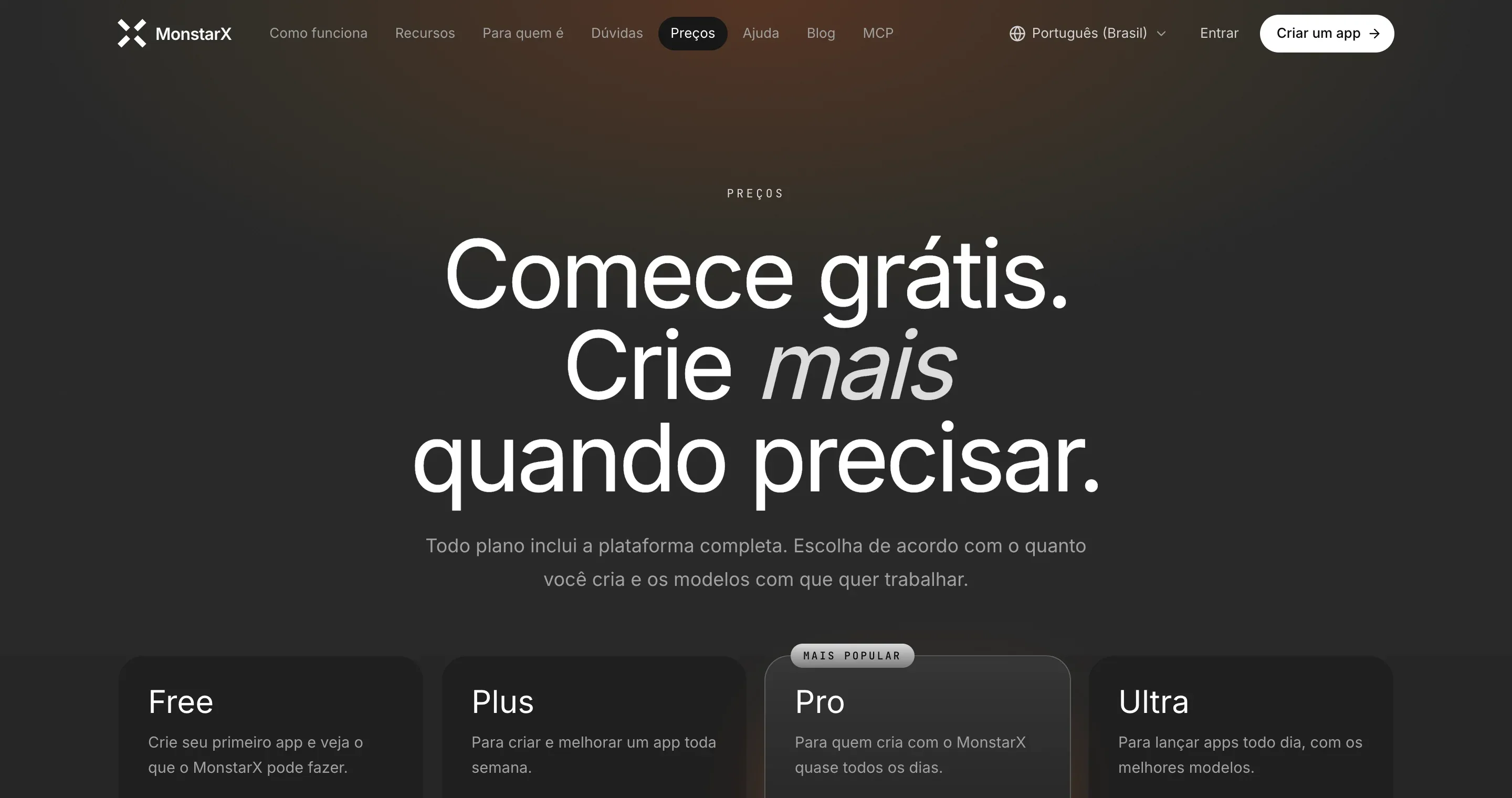A página de preços em português, com Português (Brasil) ao lado do globo na barra superior