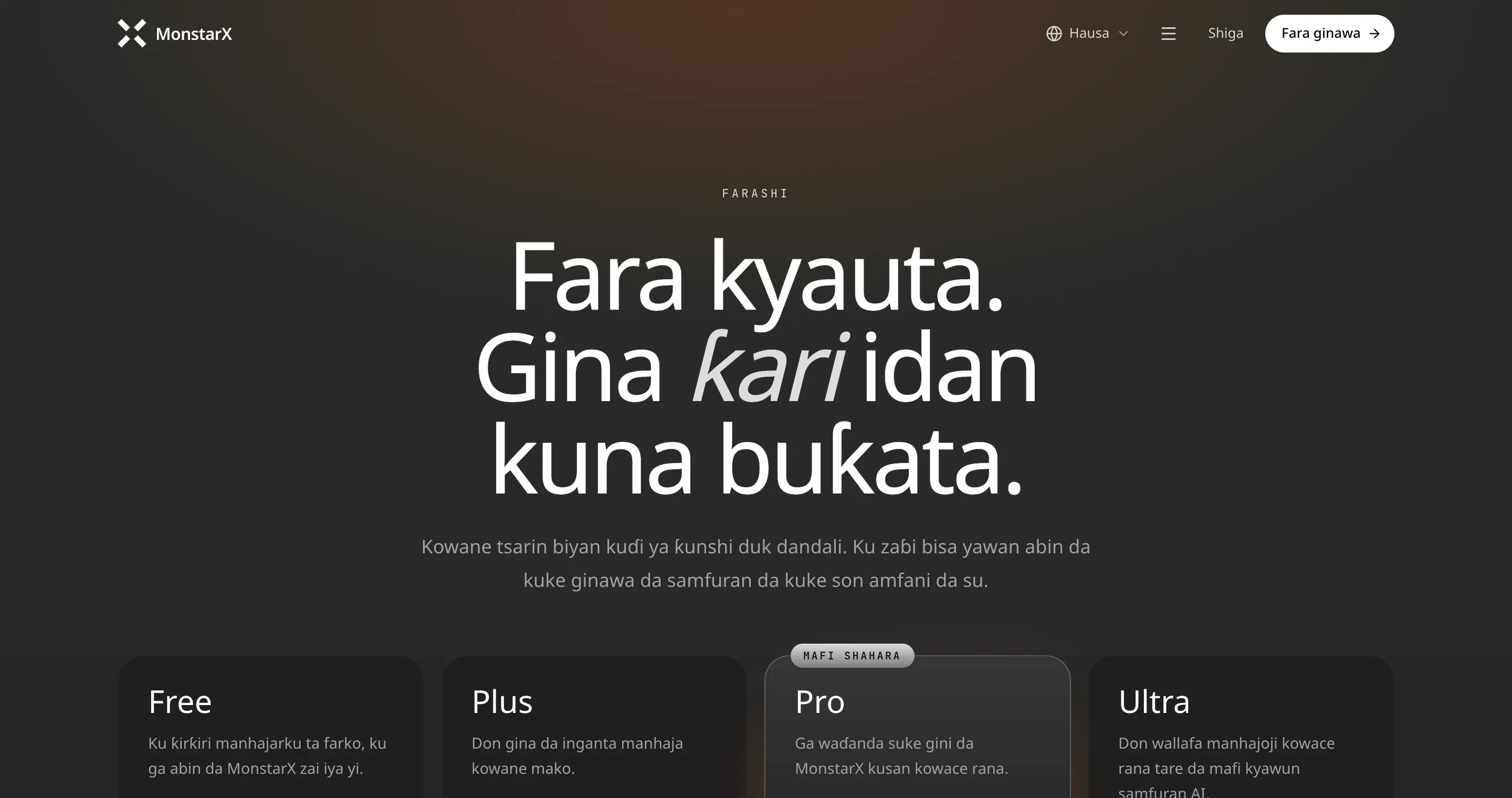 Shafin farashi da Hausa: “Fara kyauta. Gina ƙari idan kuna buƙata.”, tare da Hausa kusa da alamar duniya a sandar sama