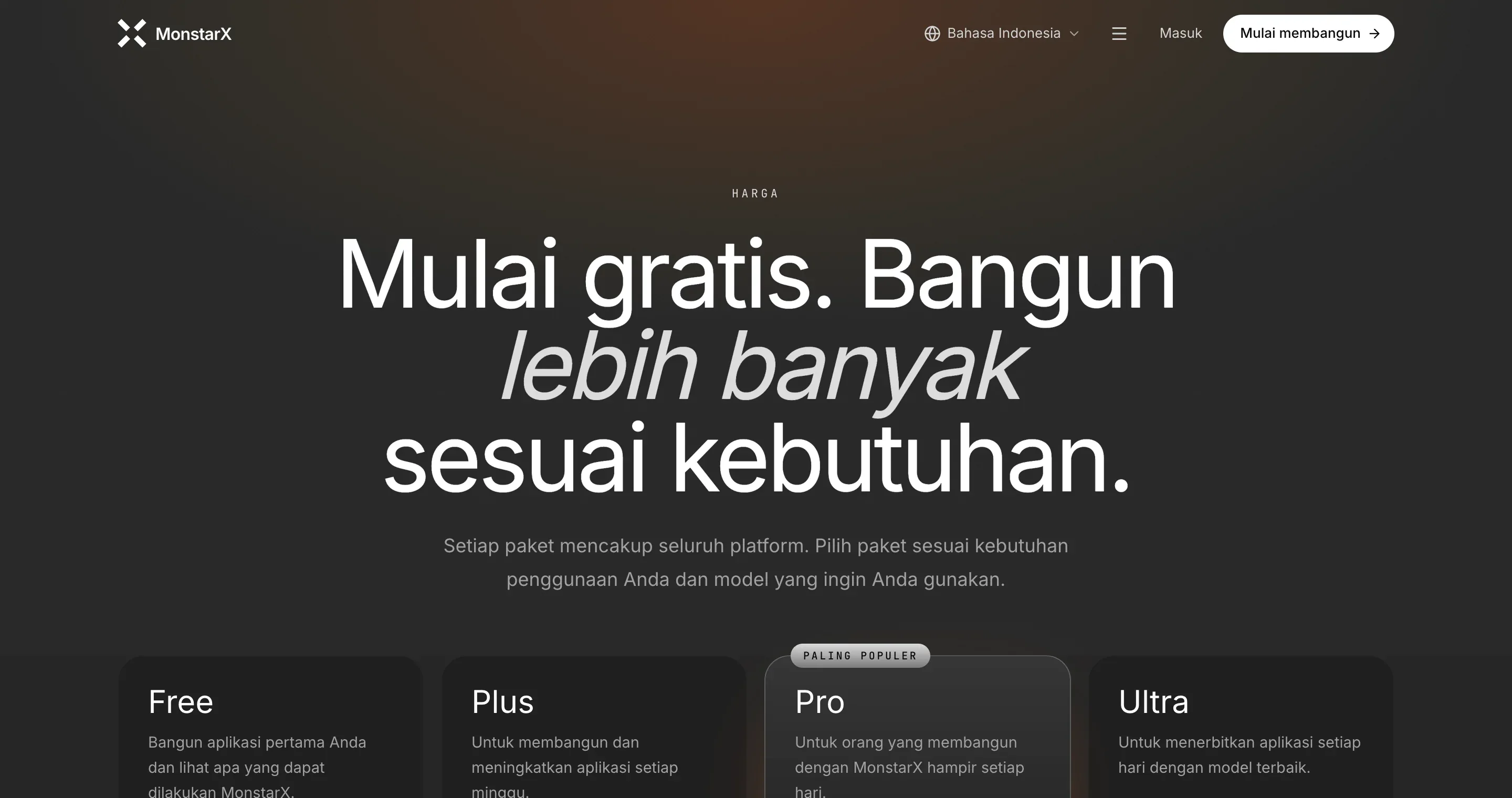 Halaman Harga dalam bahasa Indonesia, dengan Bahasa Indonesia tampil di samping ikon globe di bilah atas