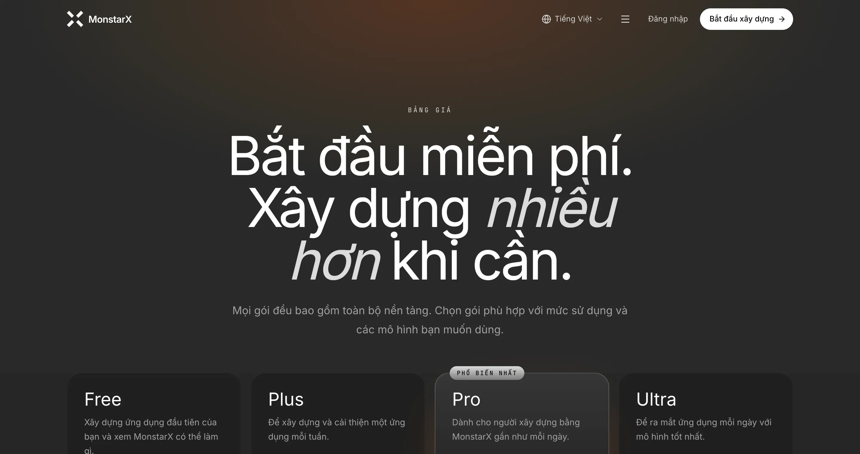 Trang Bảng giá bằng tiếng Việt, với Tiếng Việt hiển thị cạnh quả địa cầu trên thanh trên cùng