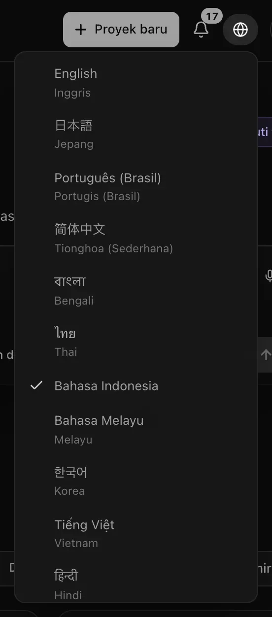 Menu bahasa terbuka di bawah ikon globe, dengan Bahasa Indonesia dicentang dan setiap bahasa lain dalam aksaranya sendiri — English, 日本語, Português (Brasil), 简体中文, dan seterusnya — masing-masing dengan nama Indonesianya di bawahnya