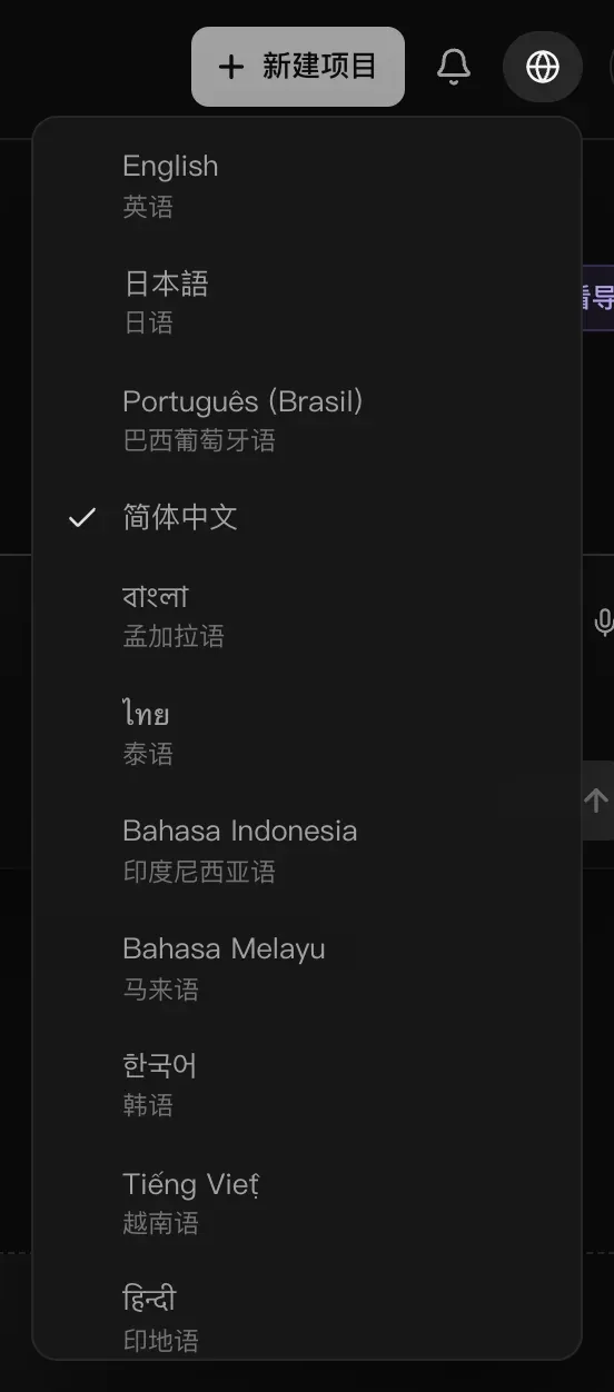 地球图标下打开的语言菜单：勾选的是简体中文，其他语言都用各自的文字列出（English、日本語、Português (Brasil) 等），下方是它们的中文名称