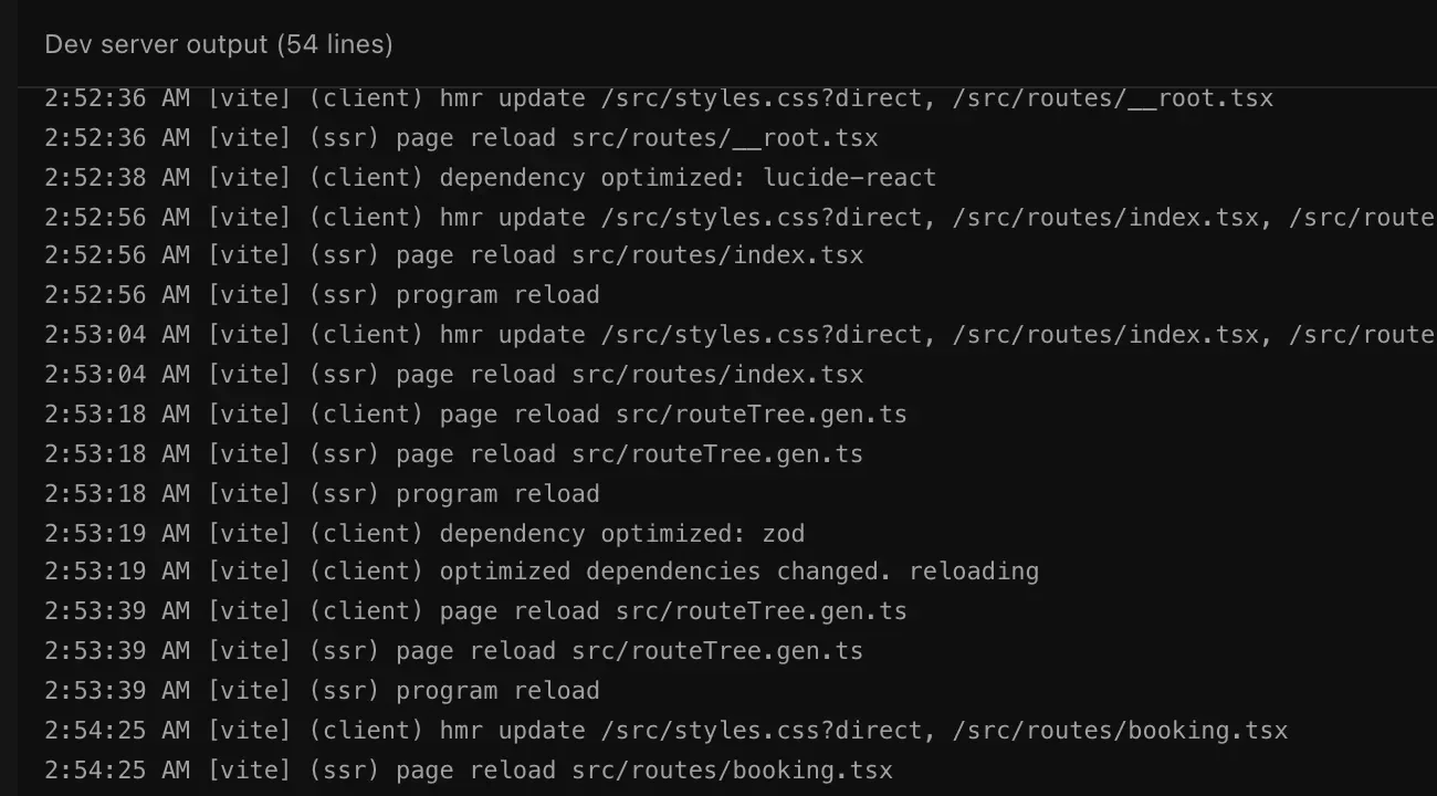The Logs tab: Dev server output (54 lines) above timed lines about pages and styles being updated as the app was built