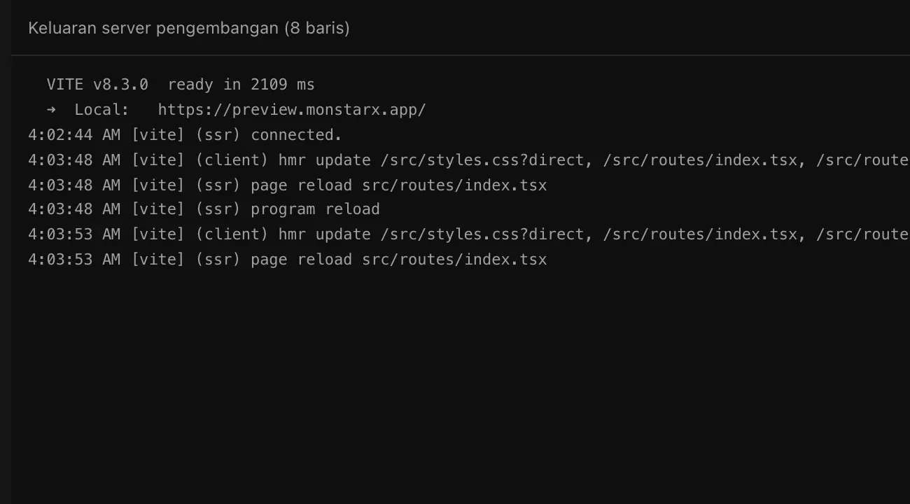 Tab Log: Keluaran server pengembangan (8 baris) di atas baris-baris berstempel waktu tentang halaman dan gaya tampilan yang diperbarui selama aplikasi dibangun