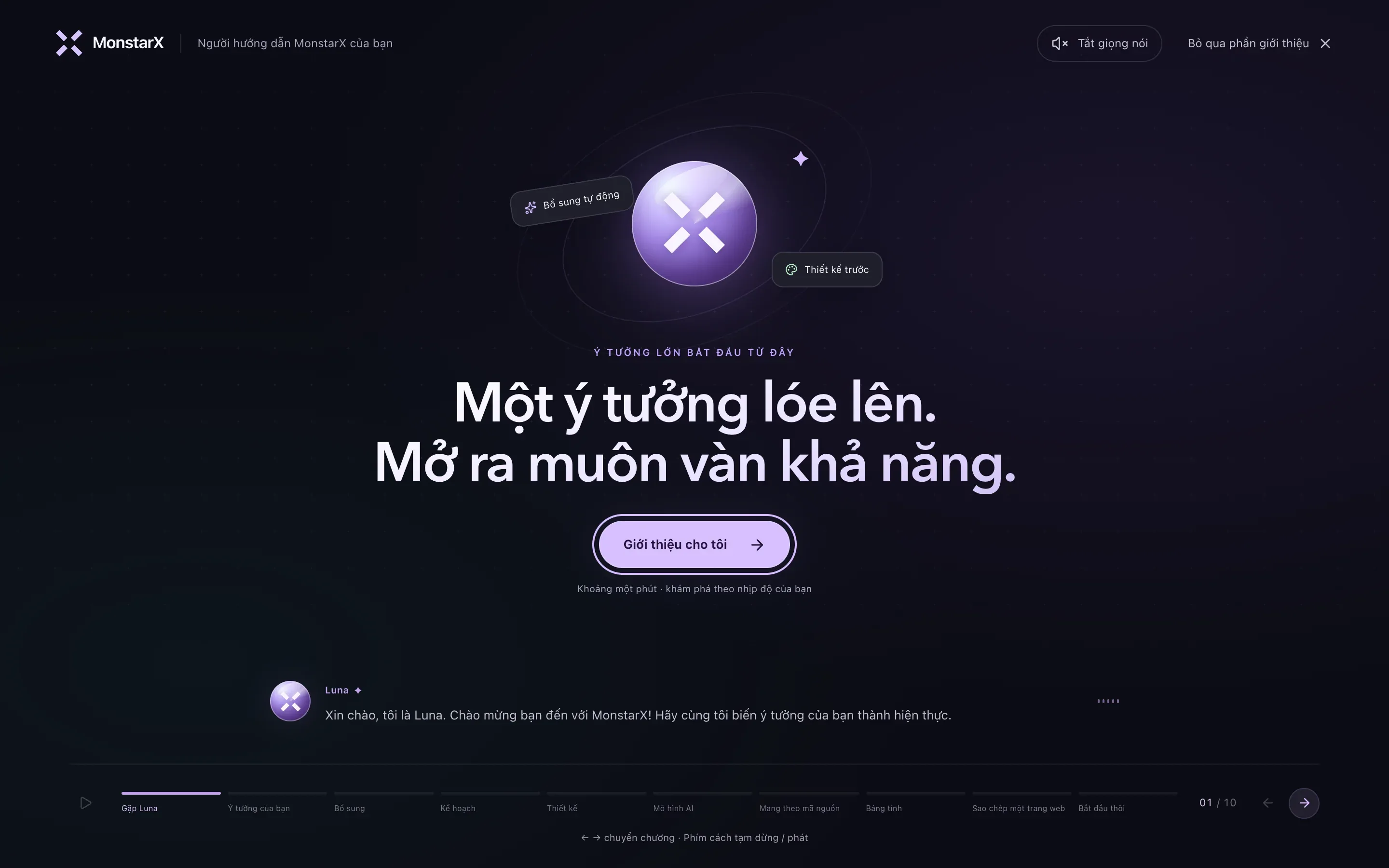 Lời chào của Luna trên một tài khoản mới: Ý tưởng lớn bắt đầu từ đây, Một ý tưởng lóe lên. Mở ra muôn vàn khả năng., nút Giới thiệu cho tôi, phụ đề của Luna bên dưới, Tắt giọng nói và Bỏ qua phần giới thiệu ở trên cùng, và các chương từ Gặp Luna đến Bắt đầu thôi dọc phía dưới