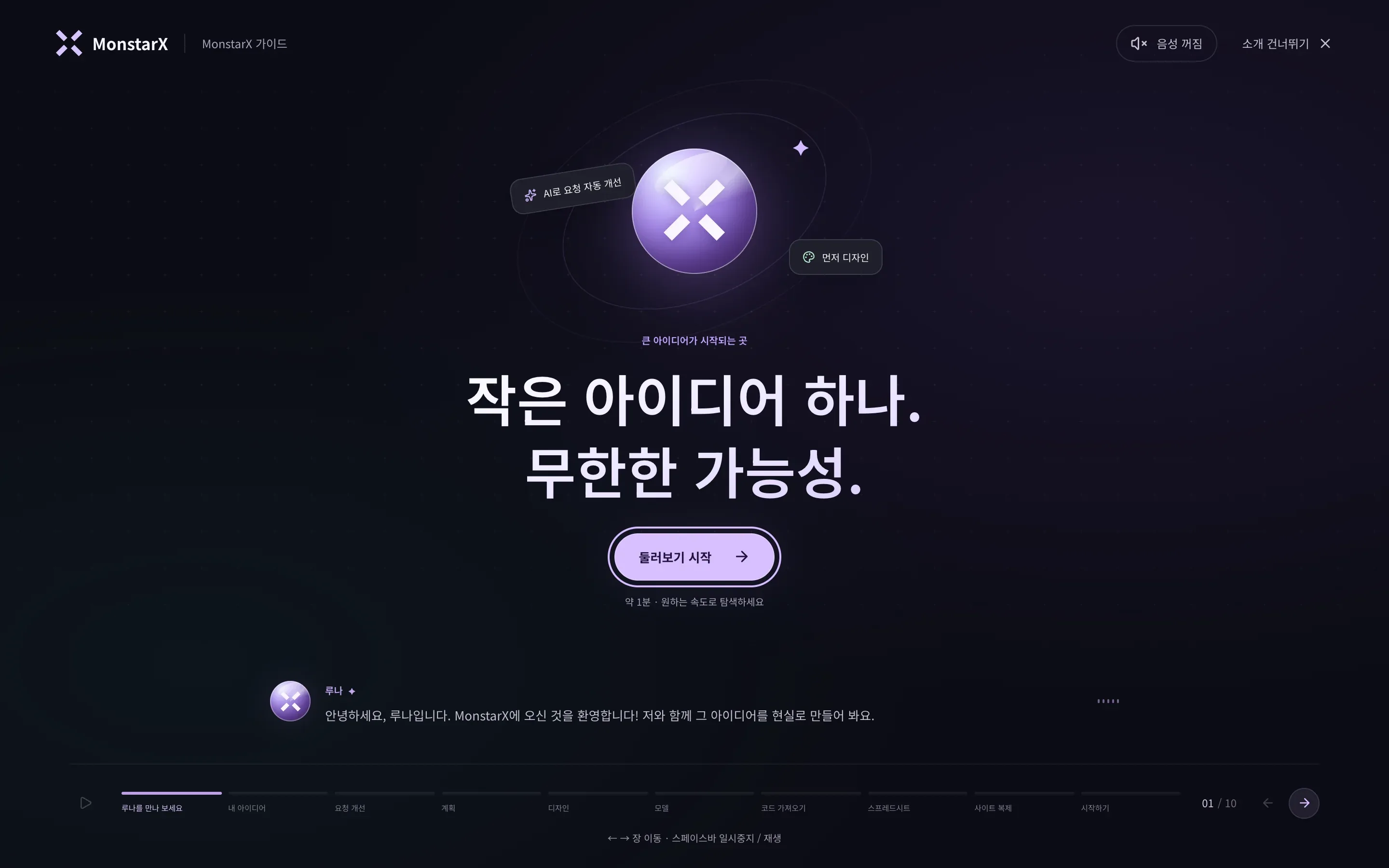새 계정에서 보이는 루나의 환영 화면. 큰 아이디어가 시작되는 곳, 작은 아이디어 하나. 무한한 가능성., 둘러보기 시작 버튼, 그 아래 루나의 자막, 위쪽의 음성 꺼짐과 소개 건너뛰기, 아래쪽에 루나를 만나 보세요부터 시작하기까지의 챕터가 보입니다