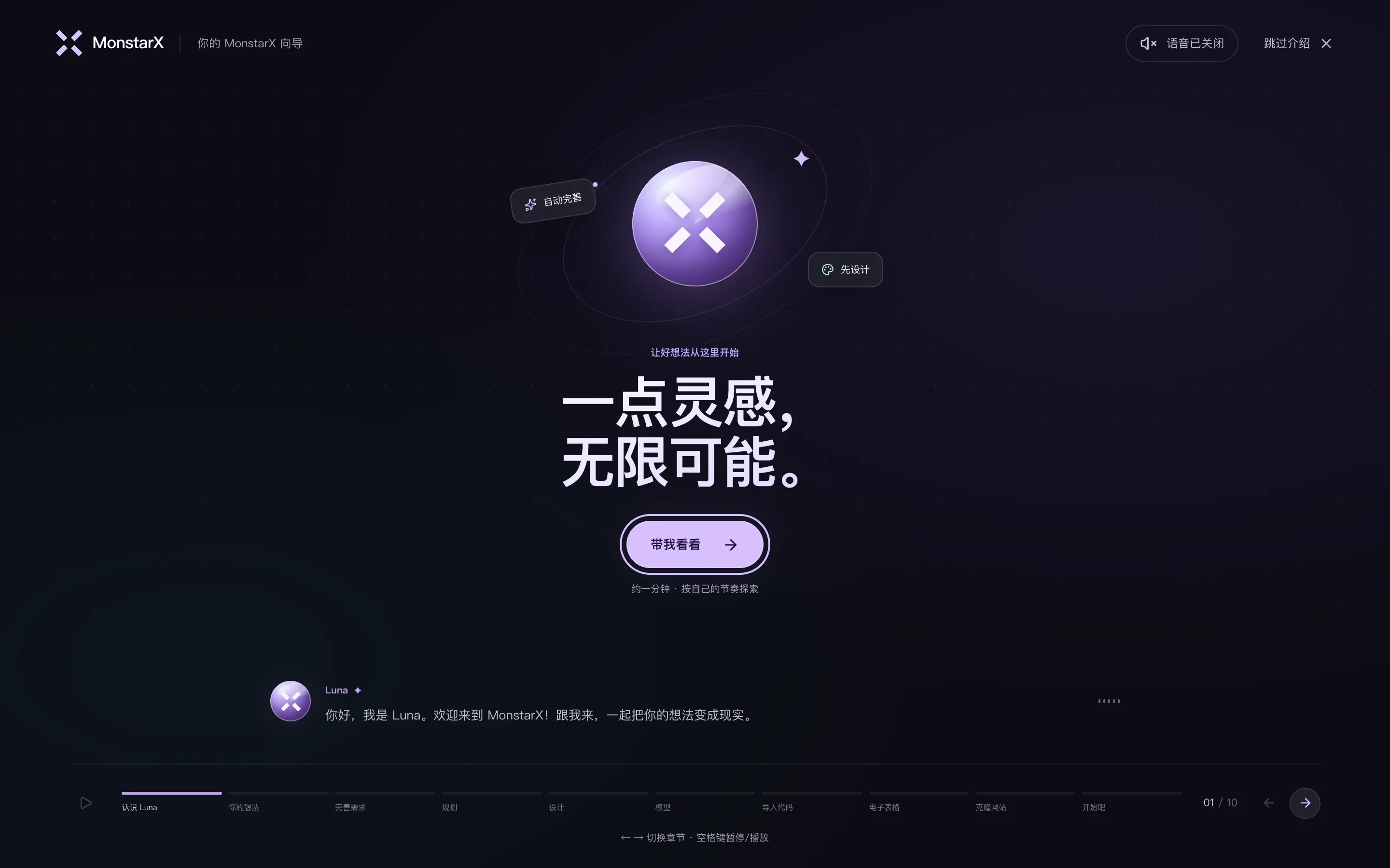 新账户上 Luna 的欢迎页面：“让好想法从这里开始”“一点灵感，无限可能。”，“带我看看”按钮，下方是 Luna 的字幕，顶部有“语音已关闭”和“跳过介绍”，底部是从“认识 Luna”到“开始吧”的各个章节