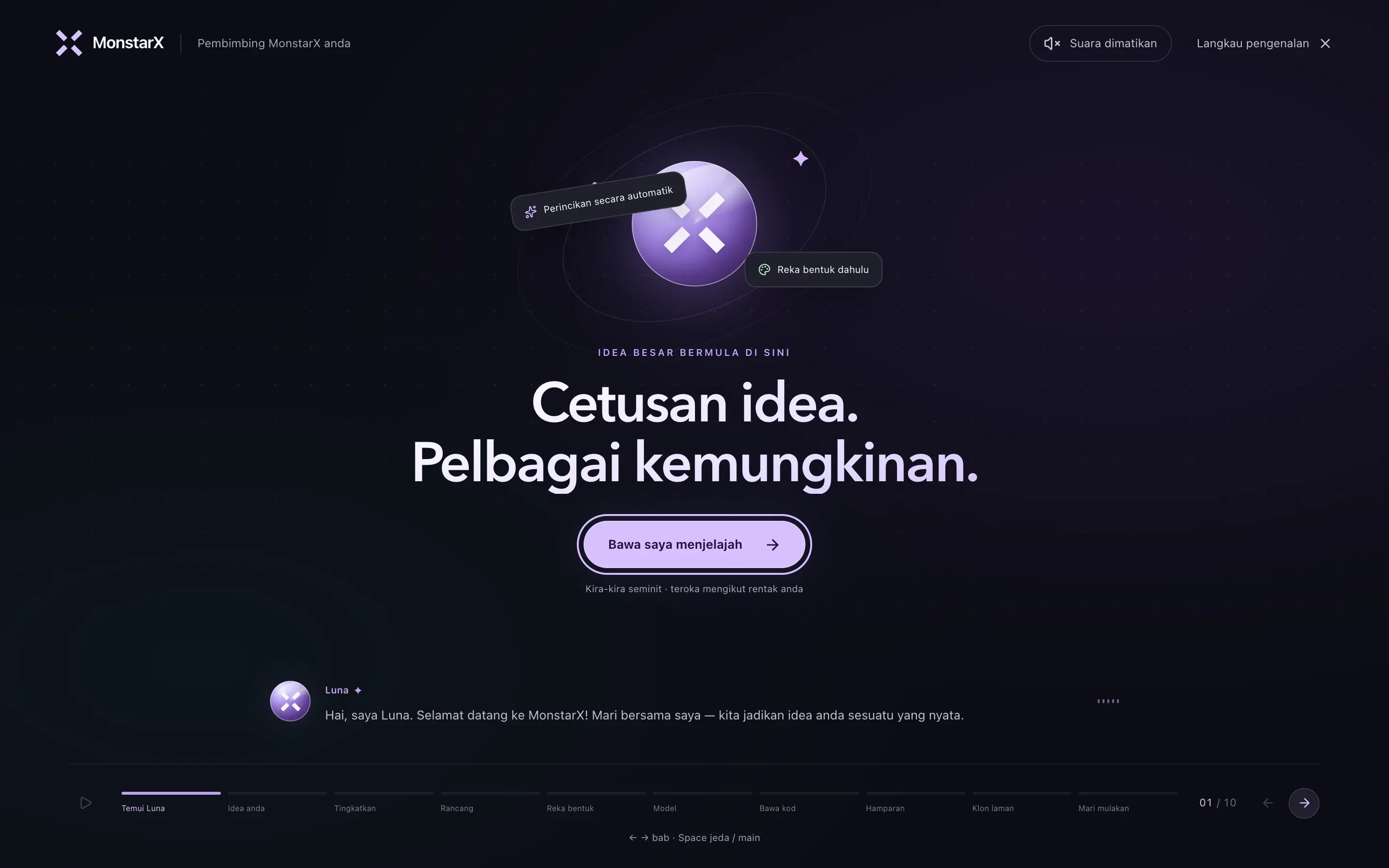 Sambutan Luna dalam akaun baharu: IDEA BESAR BERMULA DI SINI, Cetusan idea. Pelbagai kemungkinan., butang Bawa saya menjelajah, kapsyen Luna di bawahnya, Suara dimatikan dan Langkau pengenalan di bahagian atas, serta bab daripada Temui Luna hingga Mari mulakan di sepanjang bahagian bawah
