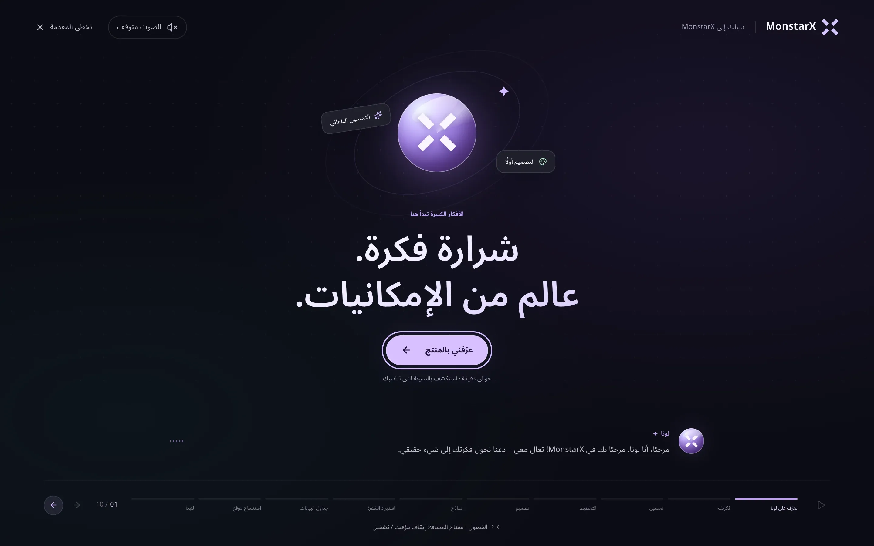 ترحيب لونا في حساب جديد: «الأفكار الكبيرة تبدأ هنا»، و«شرارة فكرة. عالم من الإمكانيات.»، وزر «عرّفني بالمنتج»، وتعليق لونا النصي تحته، و«الصوت متوقف» و«تخطي المقدمة» في الأعلى، والفصول من «تعرّف على لونا» إلى «لنبدأ» في الأسفل