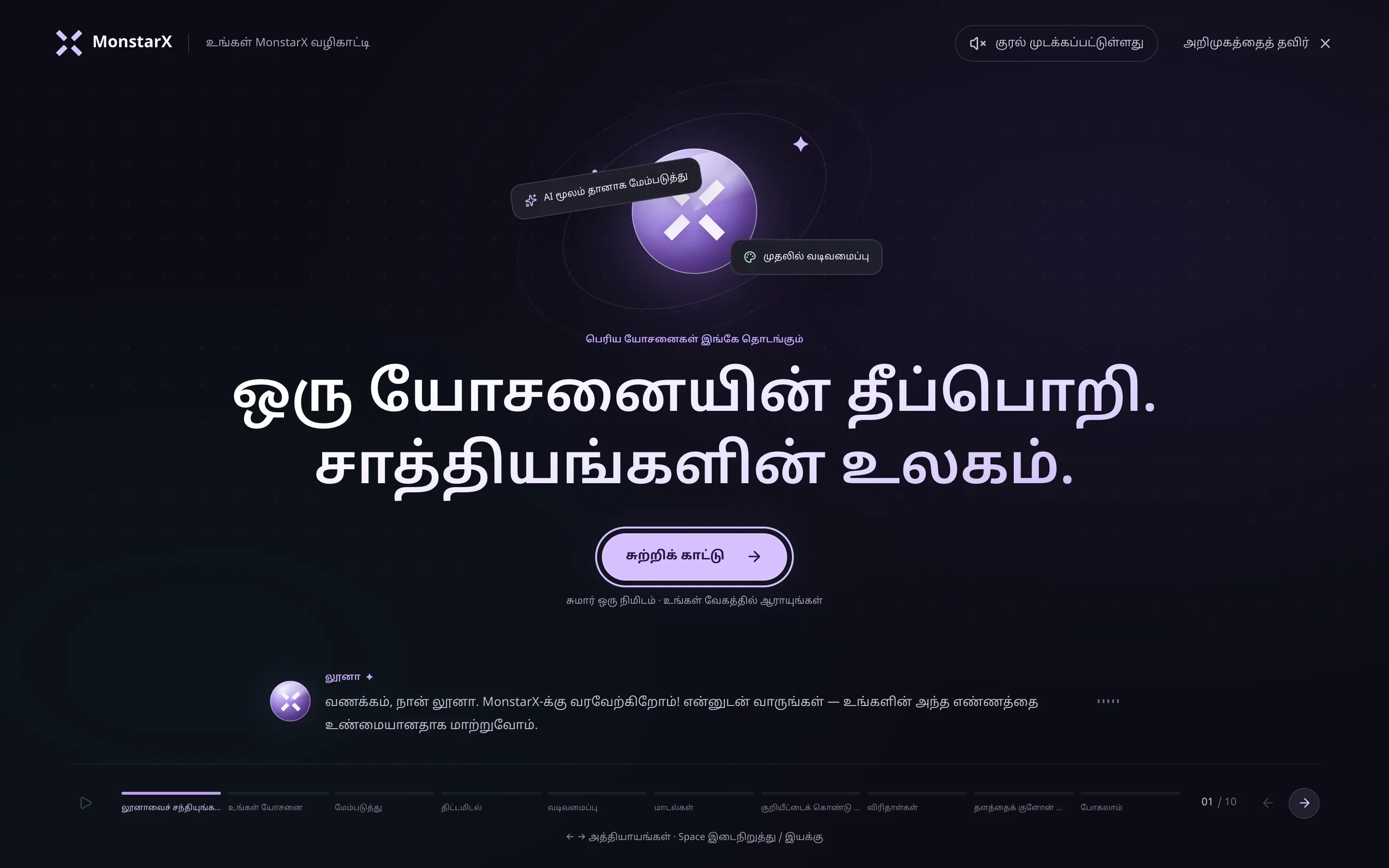 புதிய கணக்கில் லூனாவின் வரவேற்பு: “பெரிய யோசனைகள் இங்கே தொடங்கும்”, “ஒரு யோசனையின் தீப்பொறி. சாத்தியங்களின் உலகம்.”, “சுற்றிக் காட்டு” பொத்தான், அதன் கீழே லூனாவின் உரைக்குறிப்பு, மேலே “குரல் முடக்கப்பட்டுள்ளது”, “அறிமுகத்தைத் தவிர்”, கீழே “லூனாவைச் சந்தியுங்கள்” முதல் “போகலாம்” வரையிலான அத்தியாயங்கள்