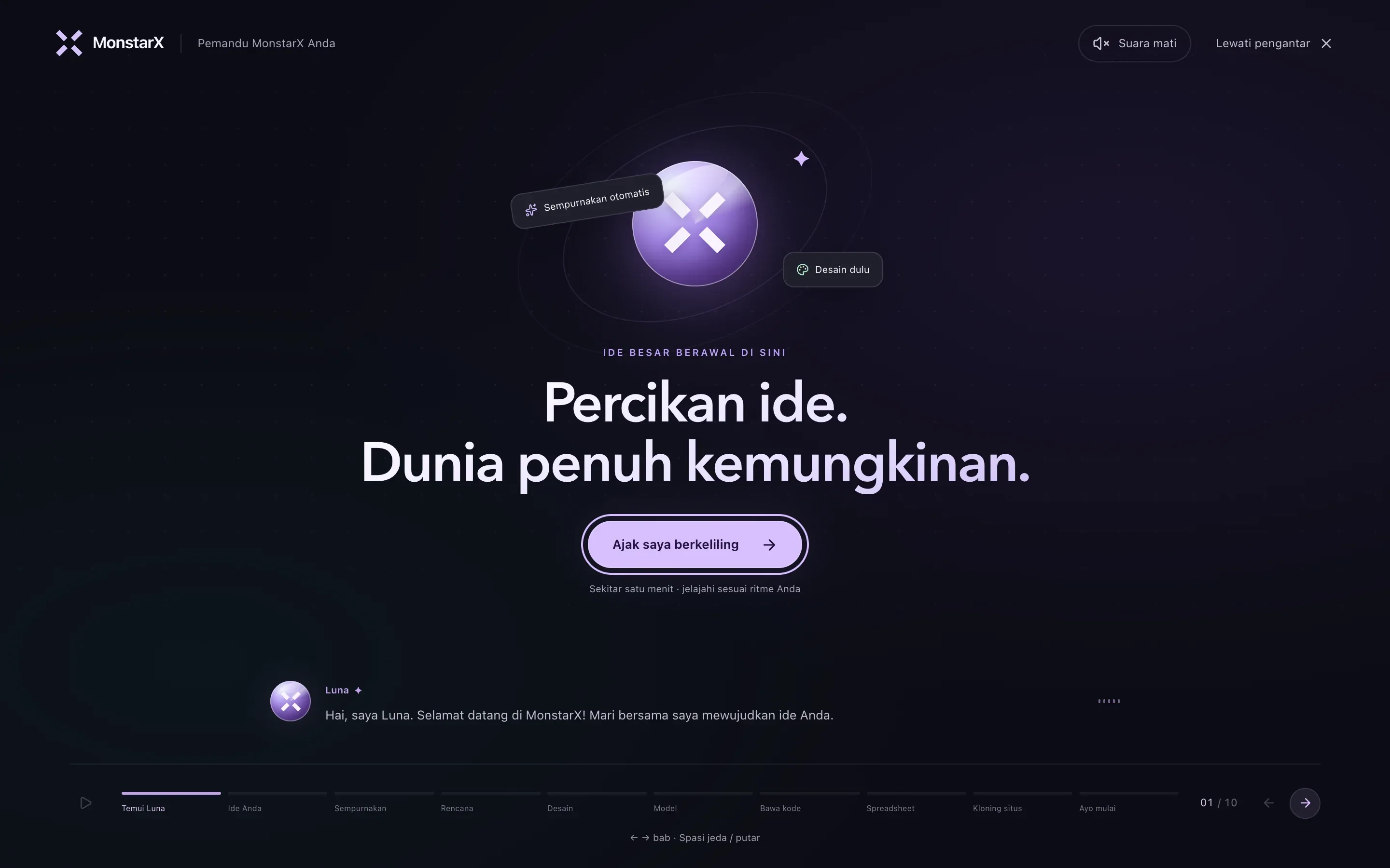 Sambutan Luna di akun baru: IDE BESAR BERAWAL DI SINI, Percikan ide. Dunia penuh kemungkinan., tombol Ajak saya berkeliling, teks Luna di bawahnya, Suara mati dan Lewati pengantar di bagian atas, serta bab-bab dari Temui Luna hingga Ayo mulai di sepanjang bagian bawah