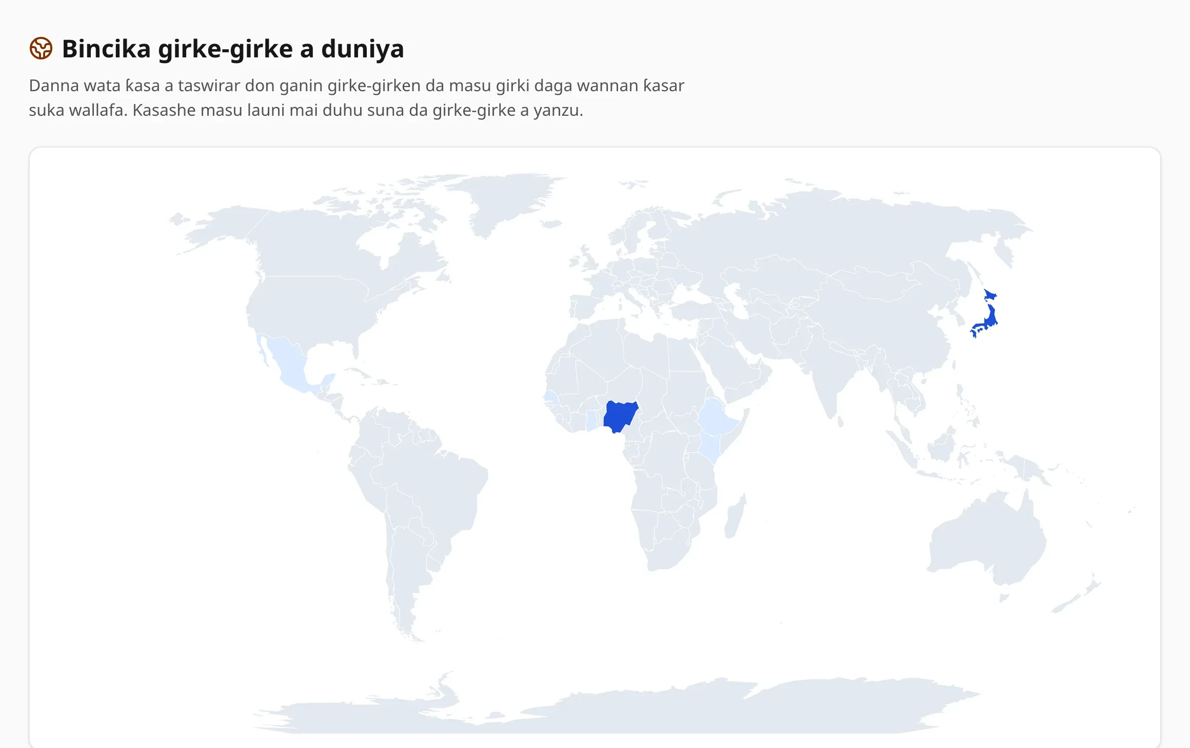 Shafin Bincika na manhajar Girkin Gida: taswirar duniya da Najeriya da Japan a shuɗi mai duhu, Mexico, Ghana, Senegal, Habasha da Kenya kuma a shuɗi mai haske, bisa yawan girke-girken kowace ƙasa