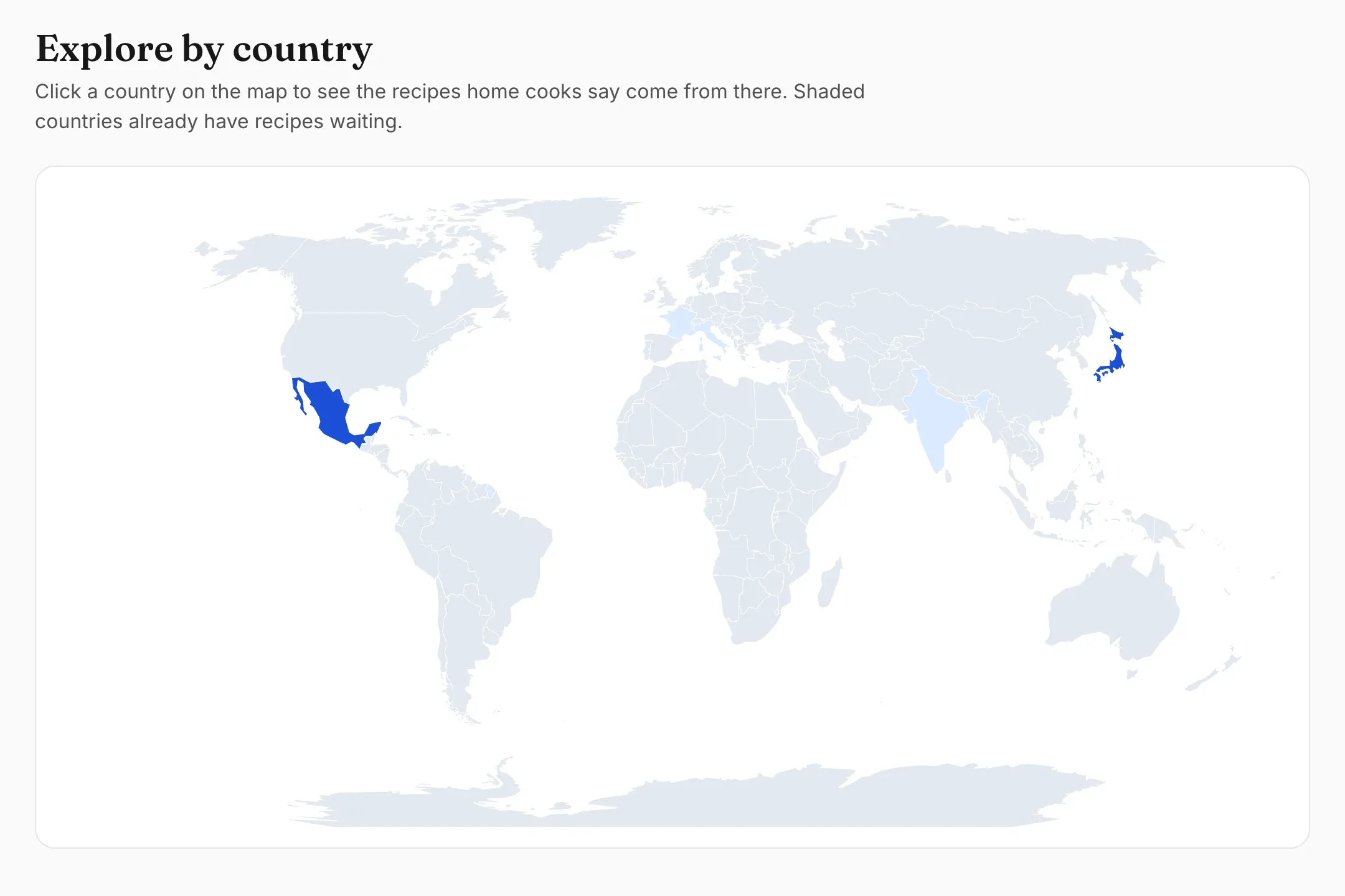 Pantry Notes 应用的 Explore by country 页面：一张世界地图，按各国菜谱数量着色，墨西哥和日本为深蓝色，法国和印度为浅蓝色