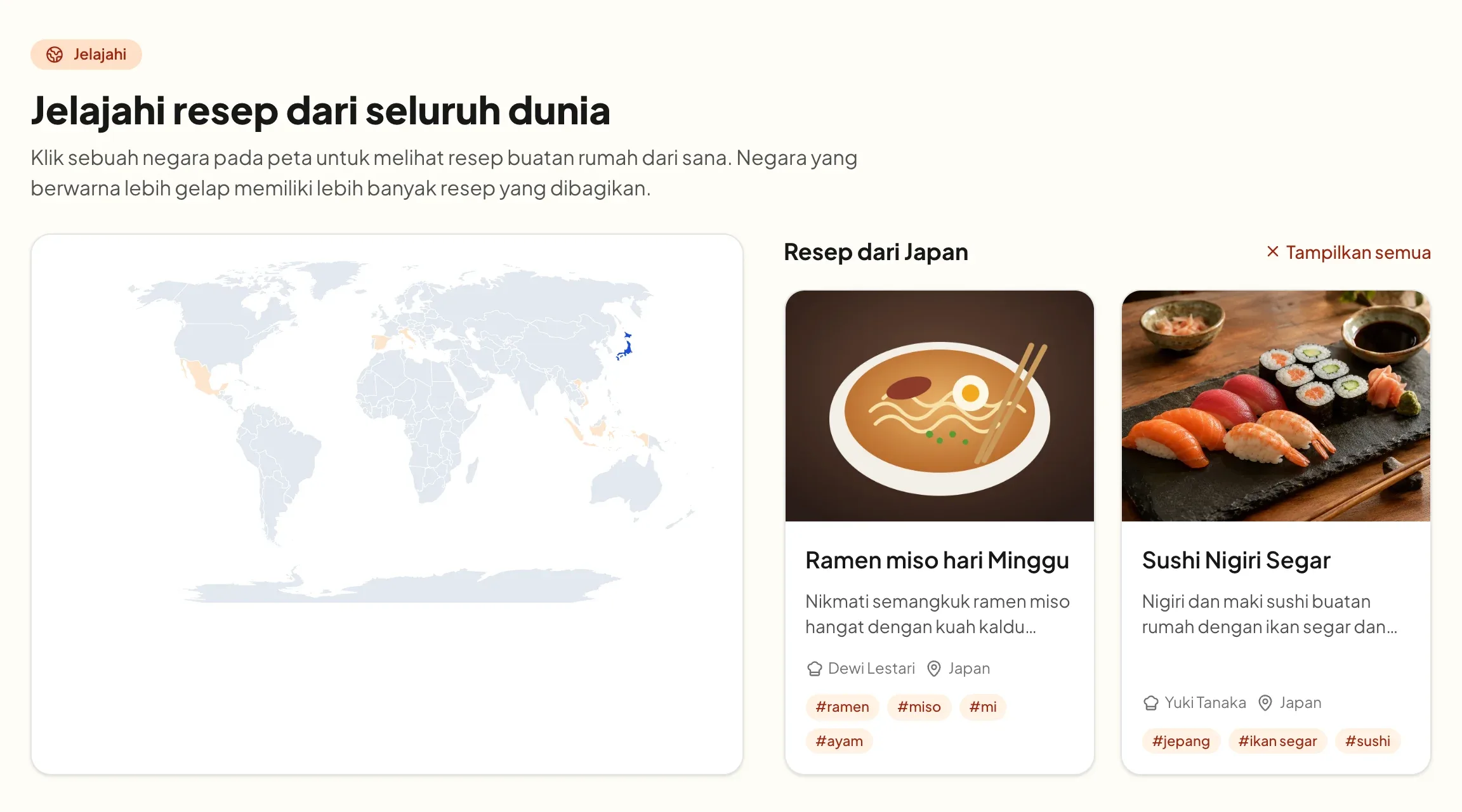 Halaman Jelajahi di aplikasi Catatan Dapur: peta dunia dengan Jepang terpilih berwarna biru dan negara lain yang punya resep, seperti Meksiko, Spanyol, dan Indonesia, berwarna jingga muda; di sampingnya, Resep dari Japan menampilkan Ramen miso hari Minggu dan Sushi Nigiri Segar