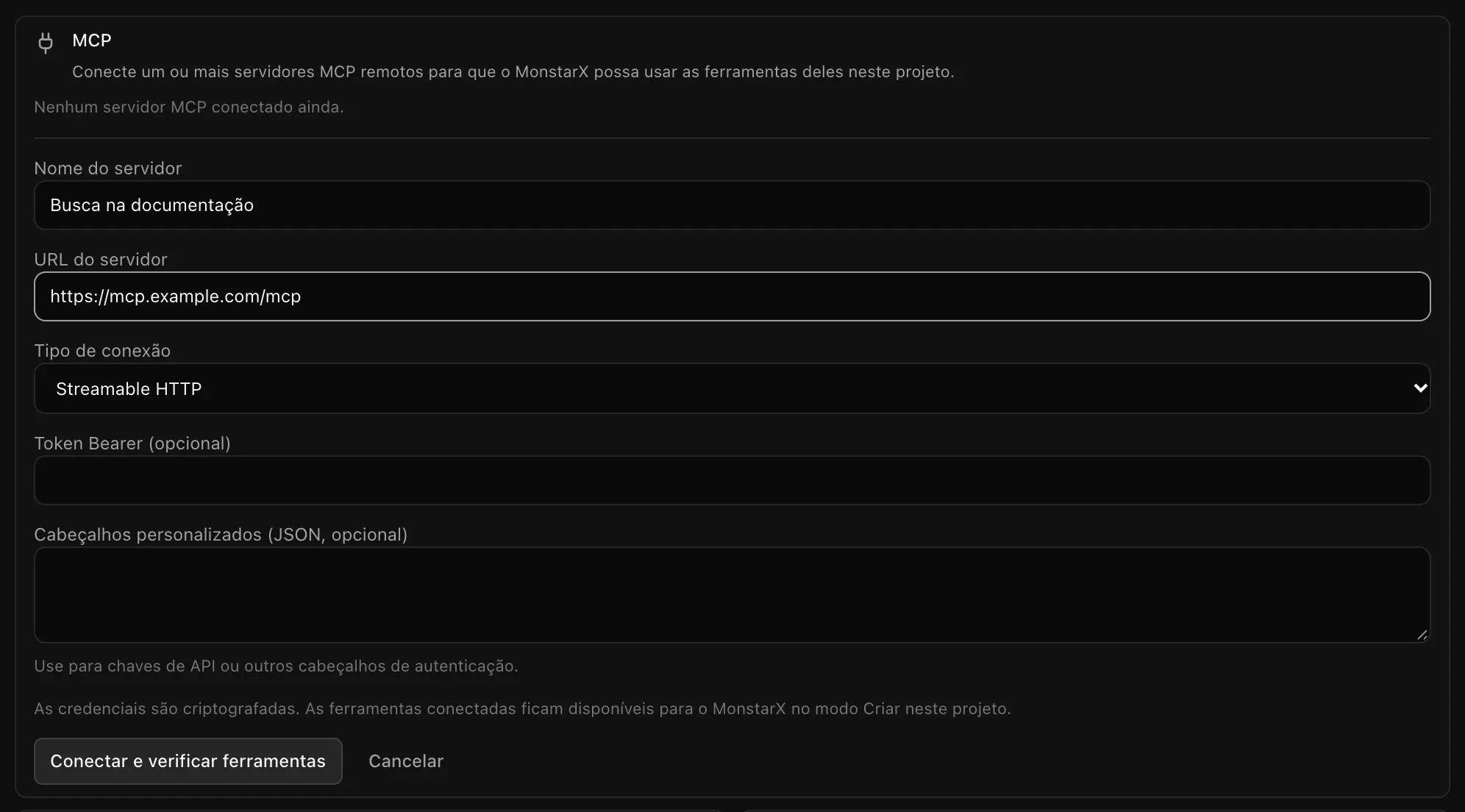 O formulário Adicionar servidor com Nome do servidor Busca na documentação, URL do servidor https://mcp.example.com/mcp, Tipo de conexão Streamable HTTP e os campos Token Bearer e Cabeçalhos personalizados vazios