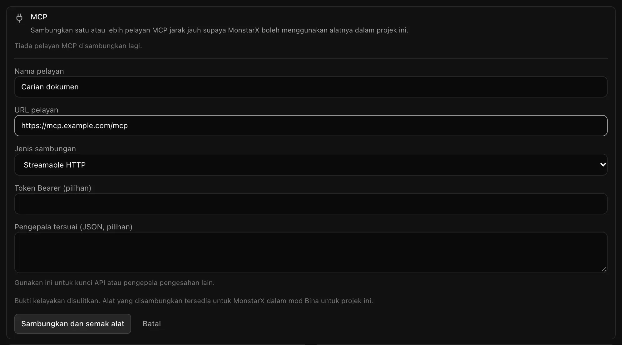 Borang Tambah pelayan dengan Nama pelayan Carian dokumen, URL pelayan https://mcp.example.com/mcp, Jenis sambungan Streamable HTTP, serta medan Token Bearer dan Pengepala tersuai yang kosong