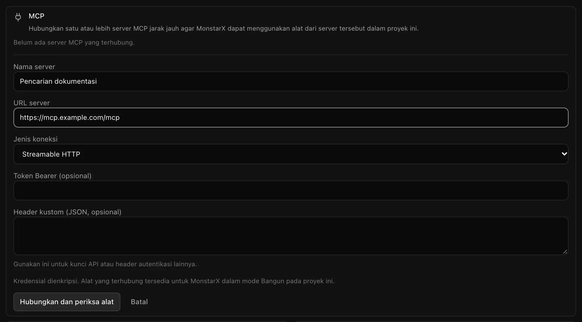 Formulir Tambahkan server dengan Nama server Pencarian dokumentasi, URL server https://mcp.example.com/mcp, Jenis koneksi Streamable HTTP, serta kolom Token Bearer dan Header kustom yang masih kosong