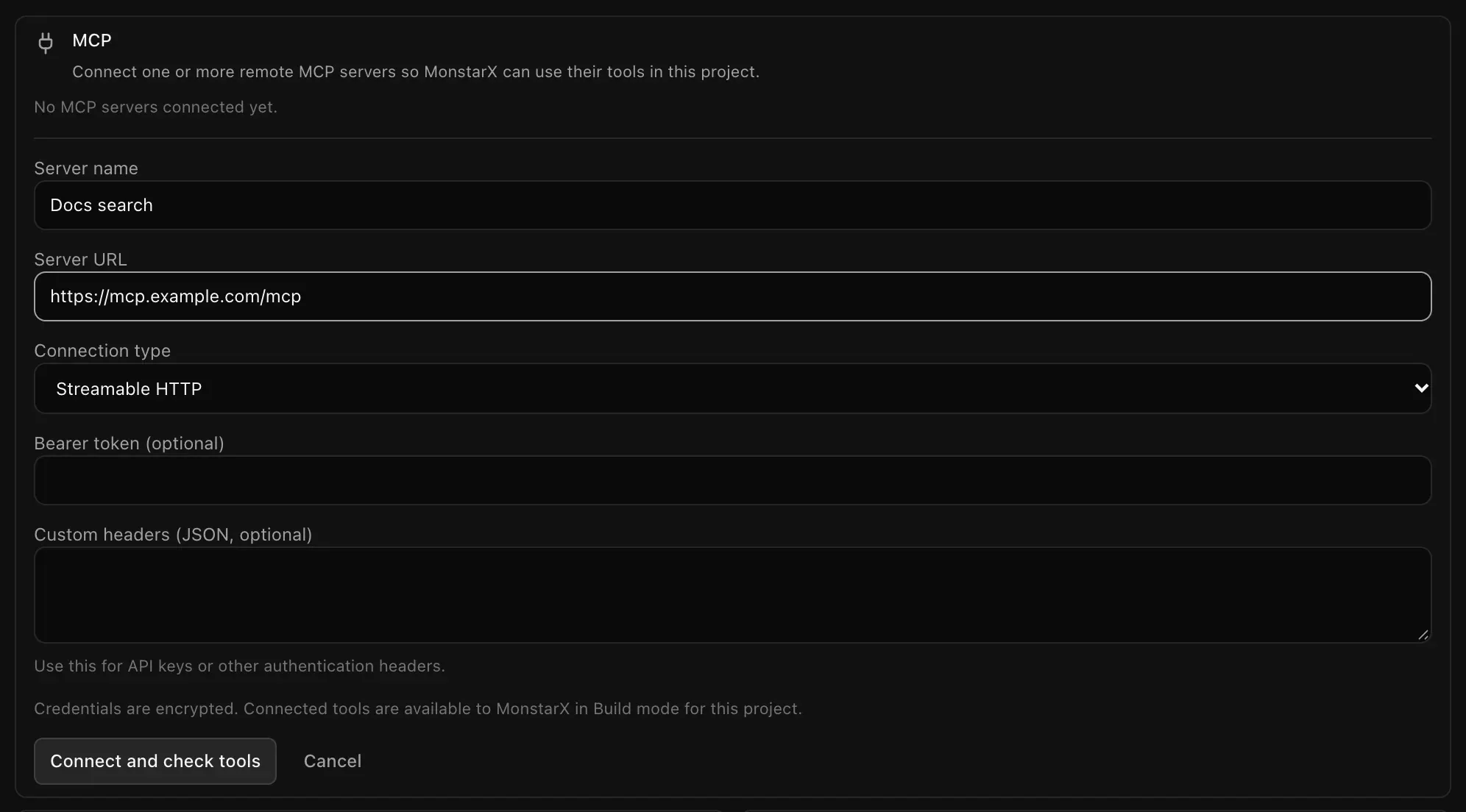 The Add server form with Server name Docs search, Server URL https://mcp.example.com/mcp, Connection type Streamable HTTP, and empty Bearer token and Custom headers fields