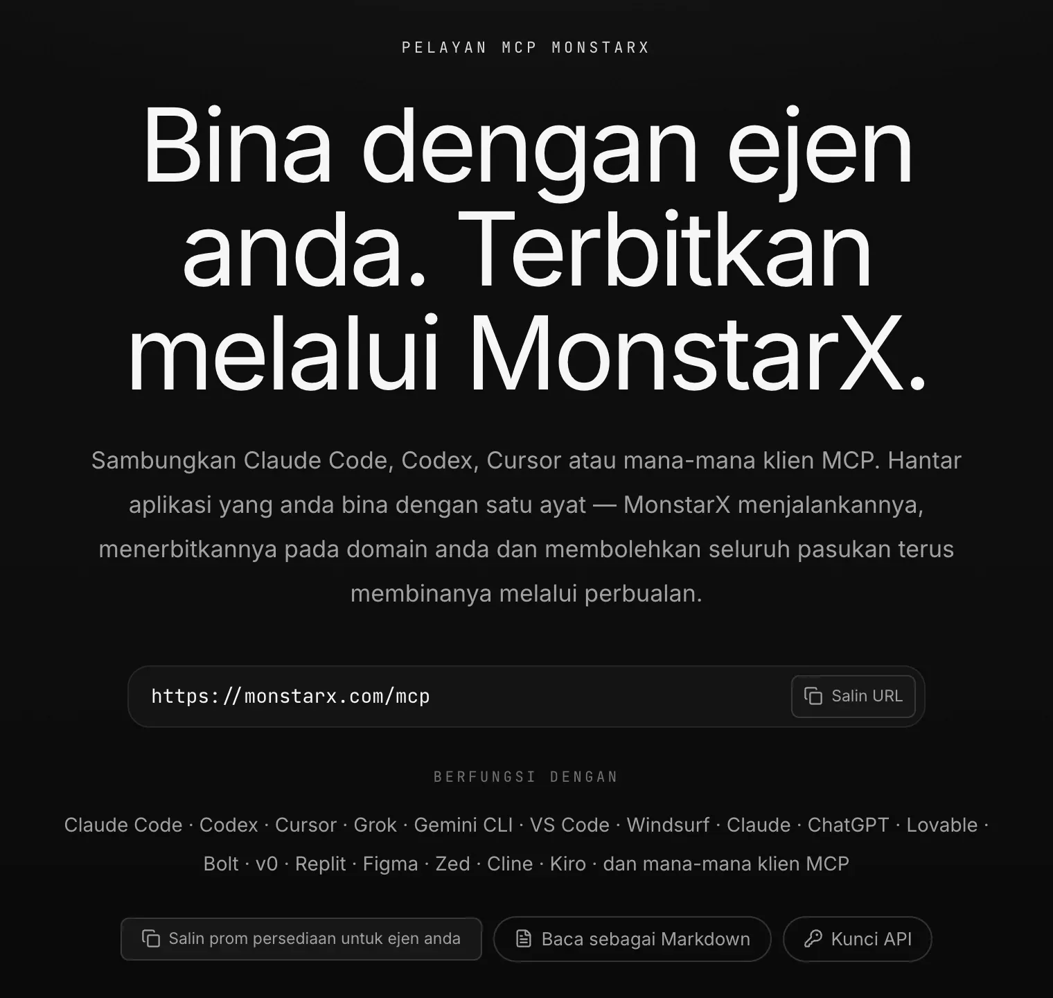Halaman pelayan MCP MonstarX: Bina dengan ejen anda. Terbitkan melalui MonstarX., alamat https://monstarx.com/mcp dengan Salin URL, ejen yang serasi, dan Salin prom persediaan untuk ejen anda