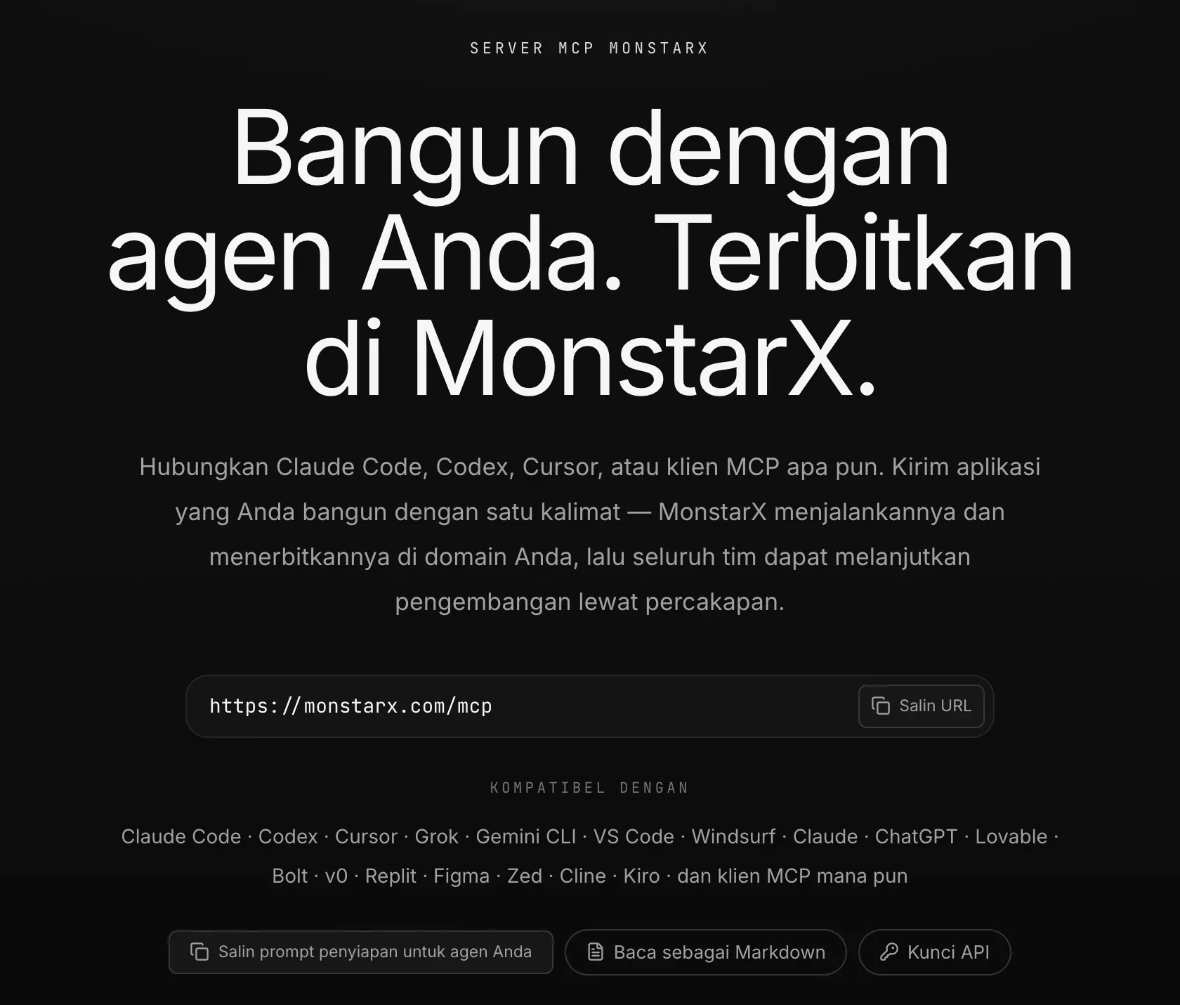 Halaman server MCP MonstarX: Bangun dengan agen Anda. Terbitkan di MonstarX., alamat https://monstarx.com/mcp dengan Salin URL, agen yang kompatibel, dan Salin prompt penyiapan untuk agen Anda