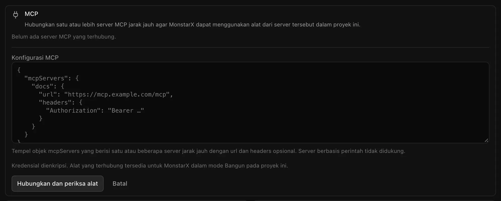 Formulir Impor JSON dengan kotak Konfigurasi MCP, catatan bahwa server berbasis perintah tidak didukung, serta tombol Hubungkan dan periksa alat dan Batal