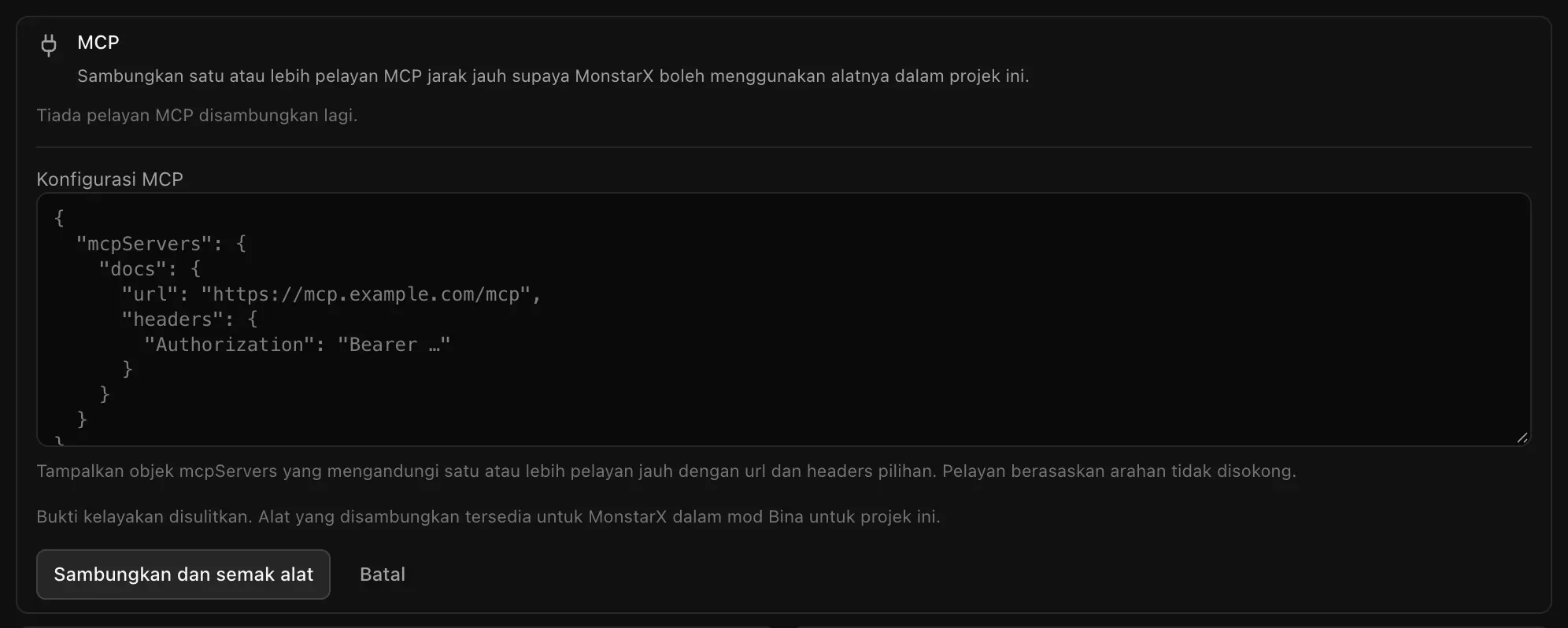 Borang Import JSON dengan kotak Konfigurasi MCP, nota bahawa pelayan berasaskan arahan tidak disokong, serta butang Sambungkan dan semak alat dan Batal