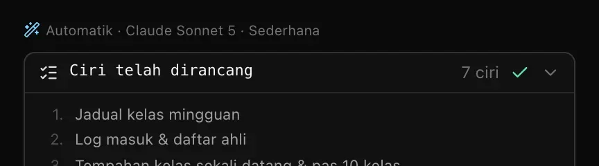 Bahagian atas balasan dalam perbualan: Automatik · Claude Sonnet 5 · Sederhana, diikuti kad Ciri telah dirancang dengan 7 ciri