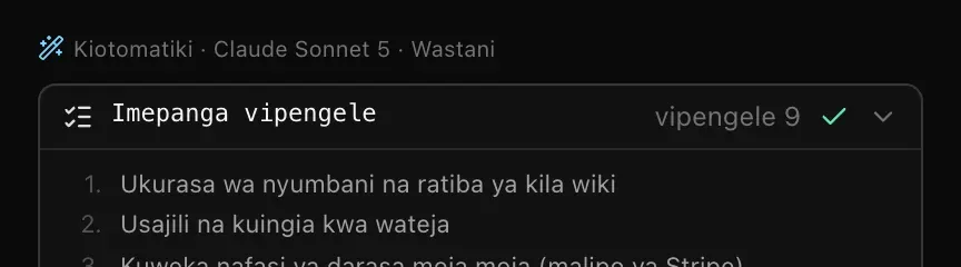 Sehemu ya juu ya jibu kwenye mazungumzo: Kiotomatiki · Claude Sonnet 5 · Wastani, kisha Imepanga vipengele — vipengele 9