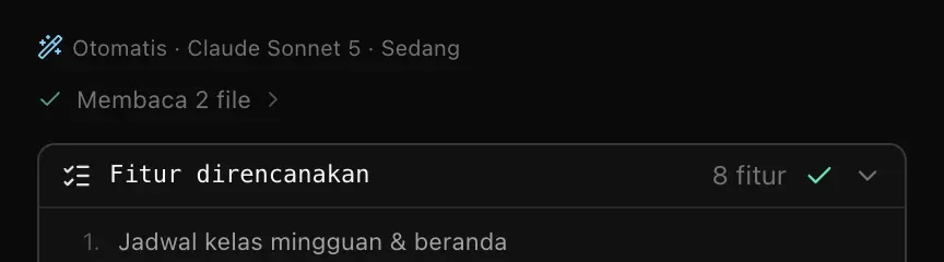 Bagian atas balasan di percakapan: Otomatis · Claude Sonnet 5 · Sedang, lalu Membaca 2 file dan Fitur direncanakan (8 fitur)