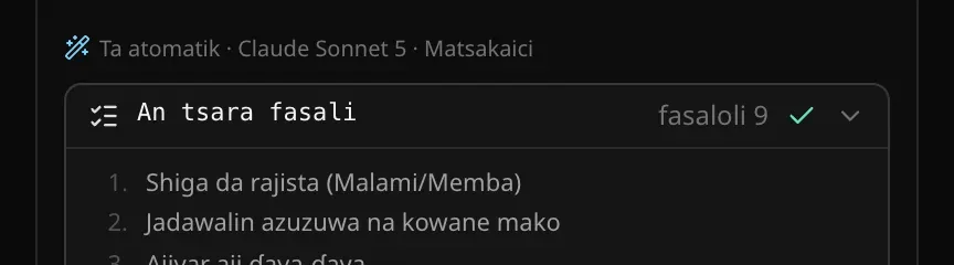 Saman wata amsa a tattaunawa: Ta atomatik · Claude Sonnet 5 · Matsakaici, sannan An tsara fasali — fasaloli 9