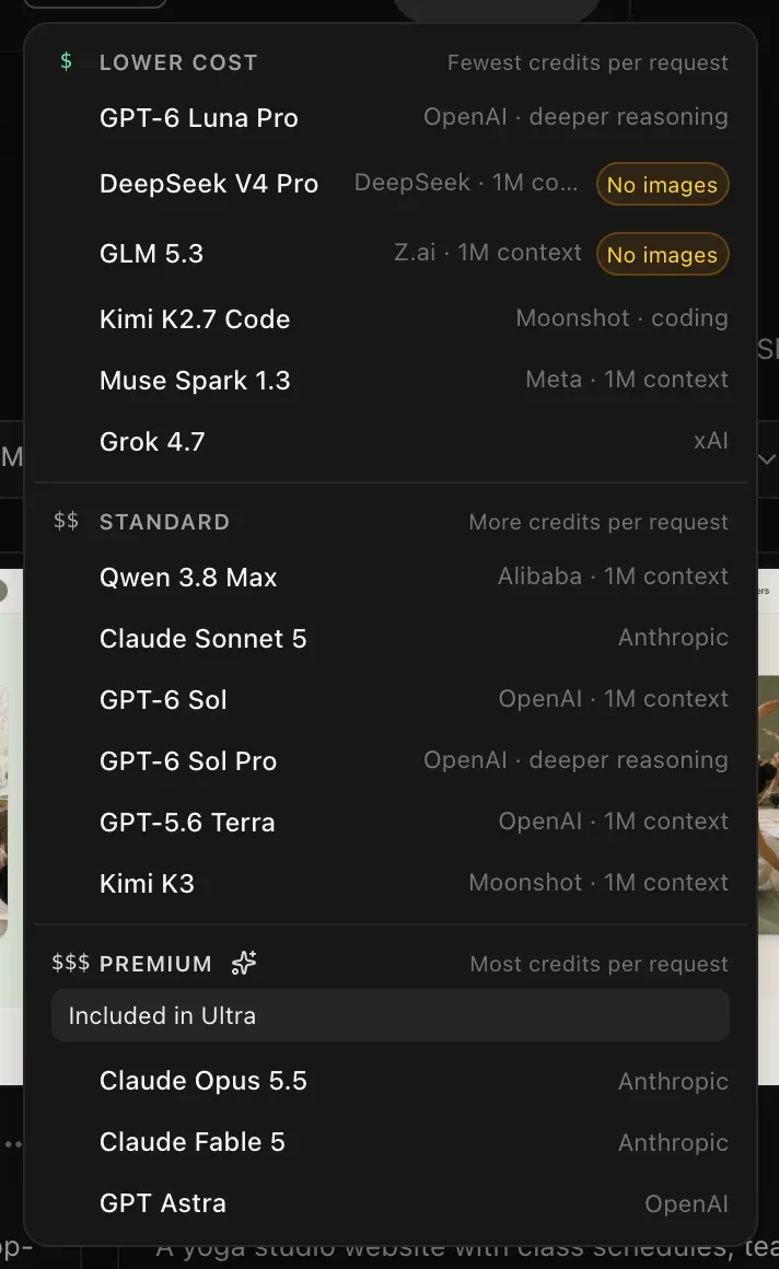 The rest of the list: Lower cost, Standard (Qwen 3.8 Max, Claude Sonnet 5, GPT-6 Sol, GPT-6 Sol Pro, GPT-5.6 Terra, Kimi K3) and Premium with the note Included in Ultra (Claude Opus 5.5, Claude Fable 5, GPT Astra)