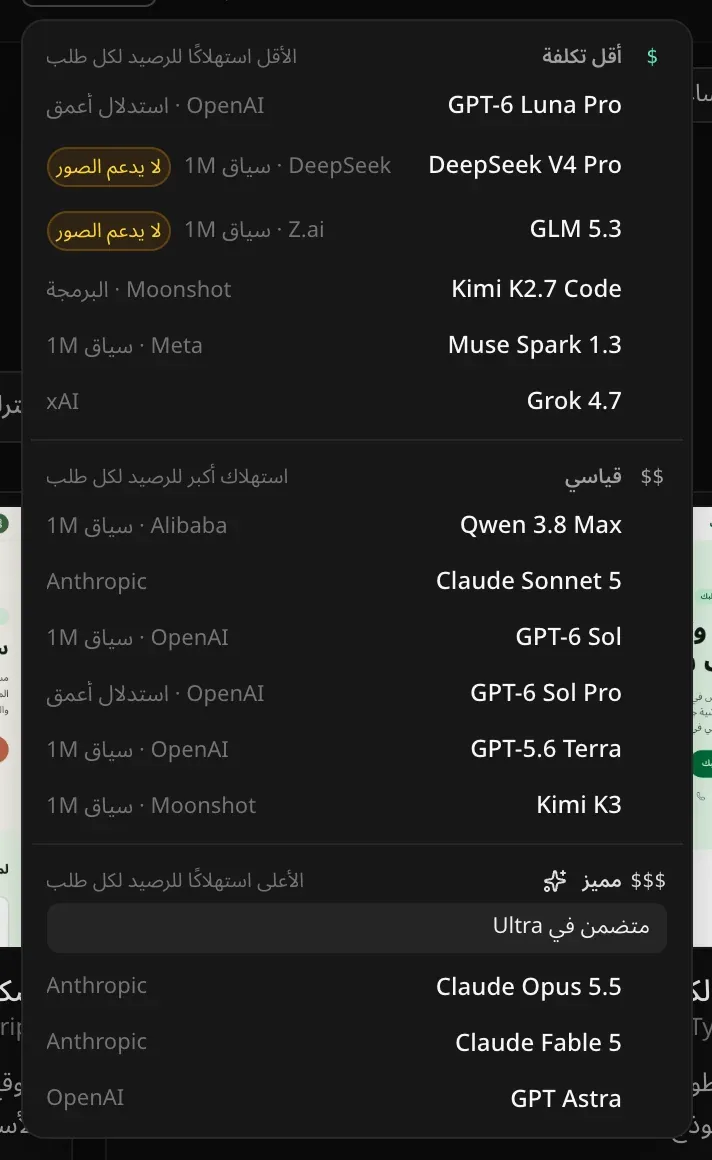 بقية القائمة: أقل تكلفة، وقياسي (Qwen 3.8 Max وClaude Sonnet 5 وGPT-6 Sol وGPT-6 Sol Pro وGPT-5.6 Terra وKimi K3)، ومميز مع الملاحظة متضمن في Ultra (Claude Opus 5.5 وClaude Fable 5 وGPT Astra)