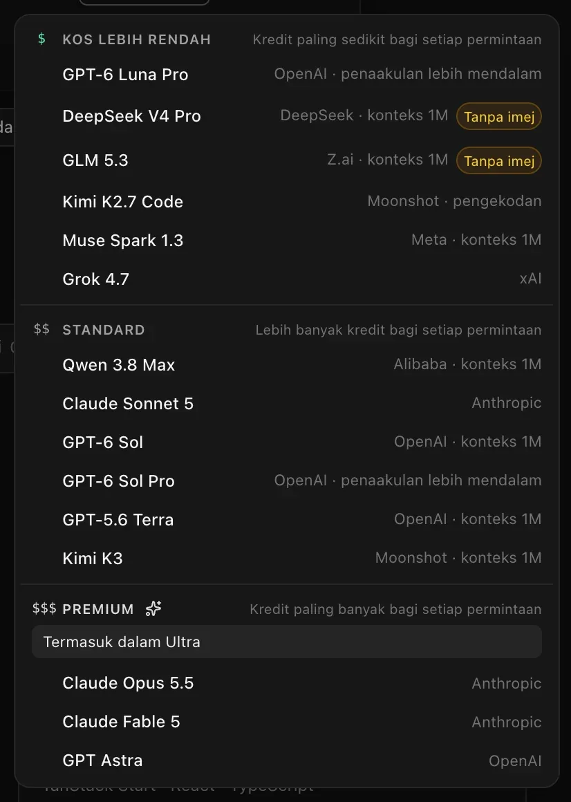 Baki senarai: Kos lebih rendah, Standard (Qwen 3.8 Max, Claude Sonnet 5, GPT-6 Sol, GPT-6 Sol Pro, GPT-5.6 Terra, Kimi K3) dan Premium dengan nota Termasuk dalam Ultra (Claude Opus 5.5, Claude Fable 5, GPT Astra)