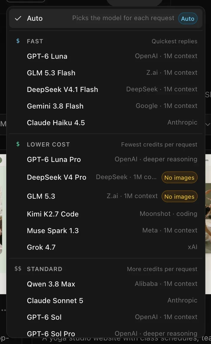 The model list: Auto — Picks the model for each request, then Fast (GPT-6 Luna, GLM 5.3 Flash, DeepSeek V4.1 Flash, Gemini 3.8 Flash, Claude Haiku 4.5), then Lower cost with two models tagged No images, then Standard