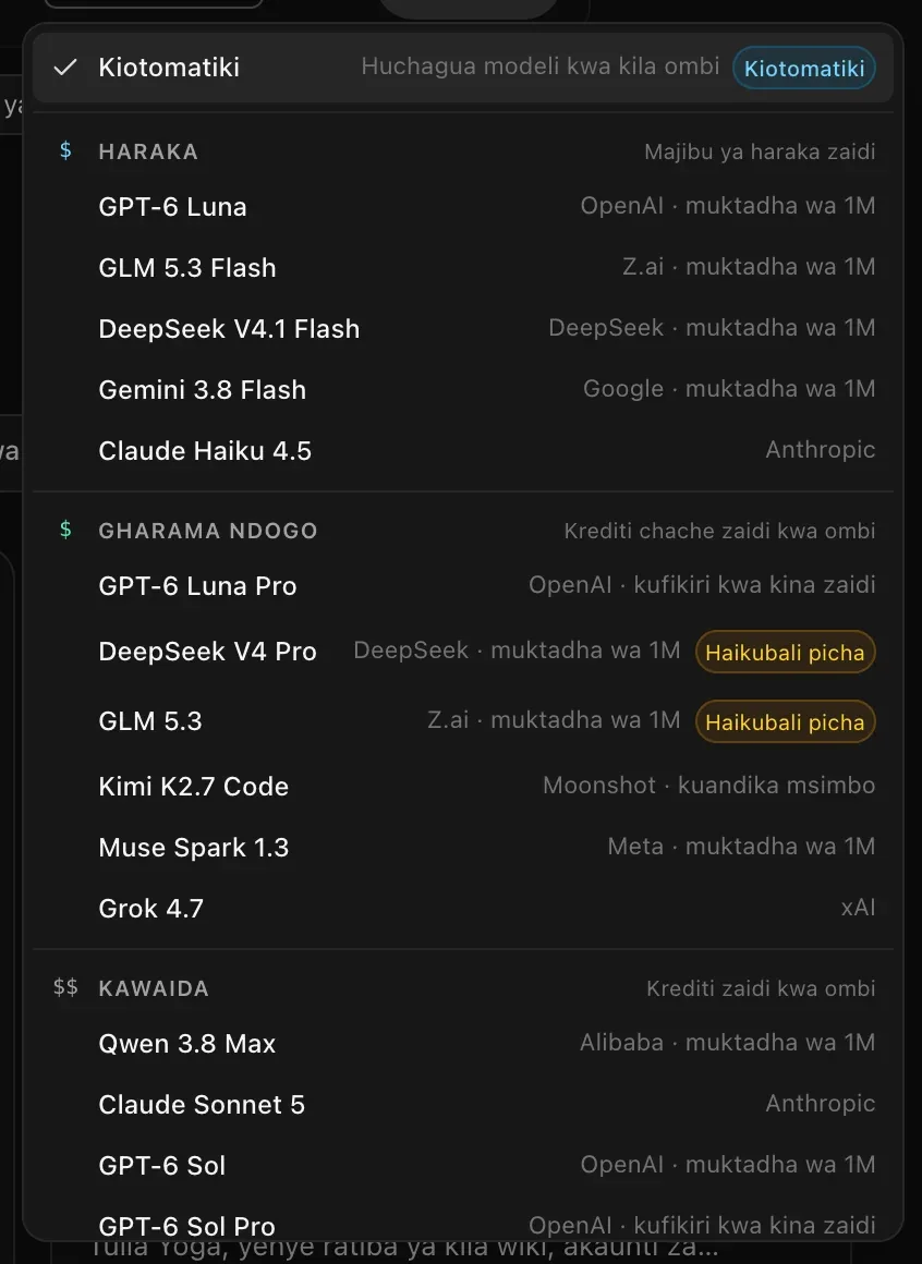 Orodha ya modeli: Kiotomatiki — Huchagua modeli kwa kila ombi, kisha Haraka (GPT-6 Luna, GLM 5.3 Flash, DeepSeek V4.1 Flash, Gemini 3.8 Flash, Claude Haiku 4.5), kisha Gharama ndogo yenye modeli mbili zenye alama ya Haikubali picha, kisha Kawaida