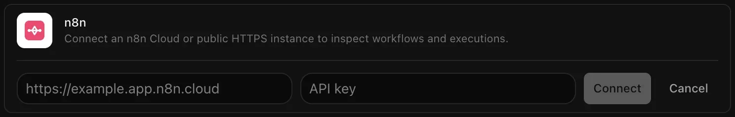 The n8n row opened for connecting, with empty instance address and API key fields and Connect and Cancel buttons