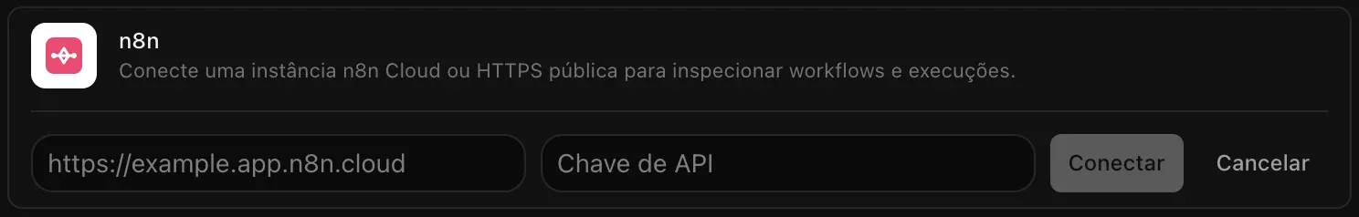 A linha do n8n aberta para conectar, com os campos de endereço da instância e Chave de API vazios e os botões Conectar e Cancelar