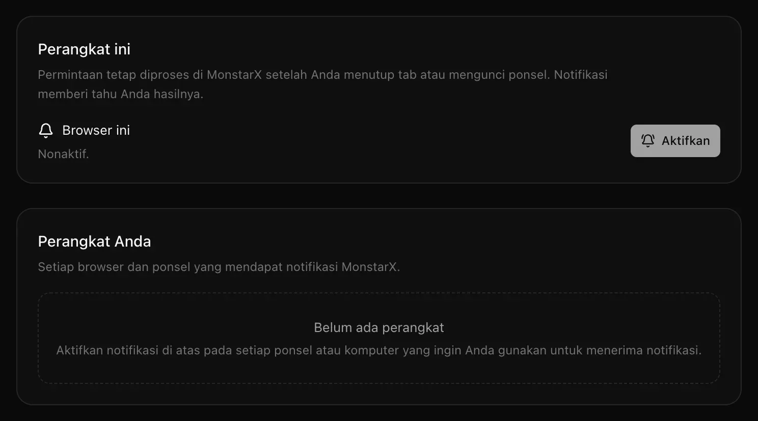 Pengaturan → Notifikasi: Perangkat ini dengan Browser ini Nonaktif dan tombol Aktifkan, serta Perangkat Anda dengan tulisan Belum ada perangkat