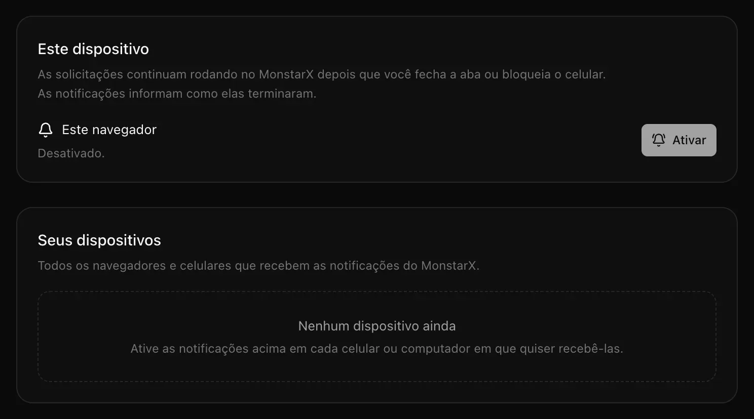 Configurações → Notificações: Este dispositivo, com Este navegador Desativado e o botão Ativar, e Seus dispositivos, com Nenhum dispositivo ainda