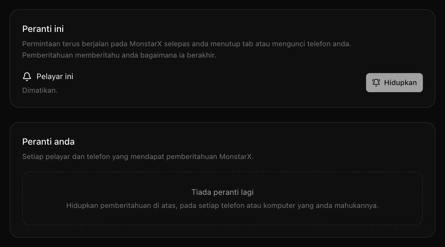 Tetapan → Pemberitahuan: Peranti ini dengan Pelayar ini Dimatikan dan butang Hidupkan, serta Peranti anda dengan Tiada peranti lagi