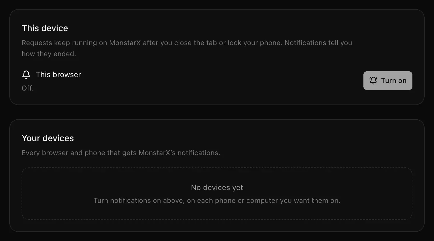 Settings → Notifications: This device with This browser Off and a Turn on button, and Your devices with No devices yet