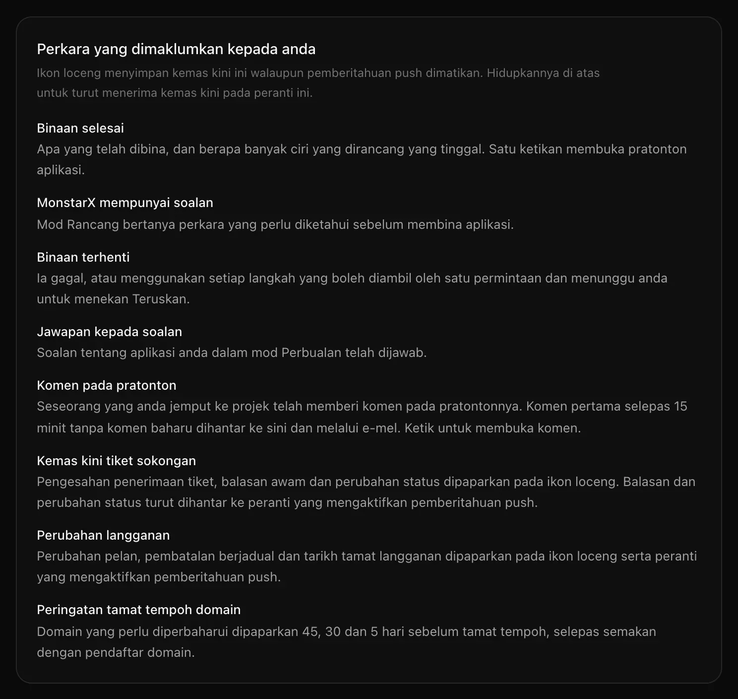 Perkara yang dimaklumkan kepada anda, menyenaraikan setiap jenis pemberitahuan dengan satu baris tentang isinya