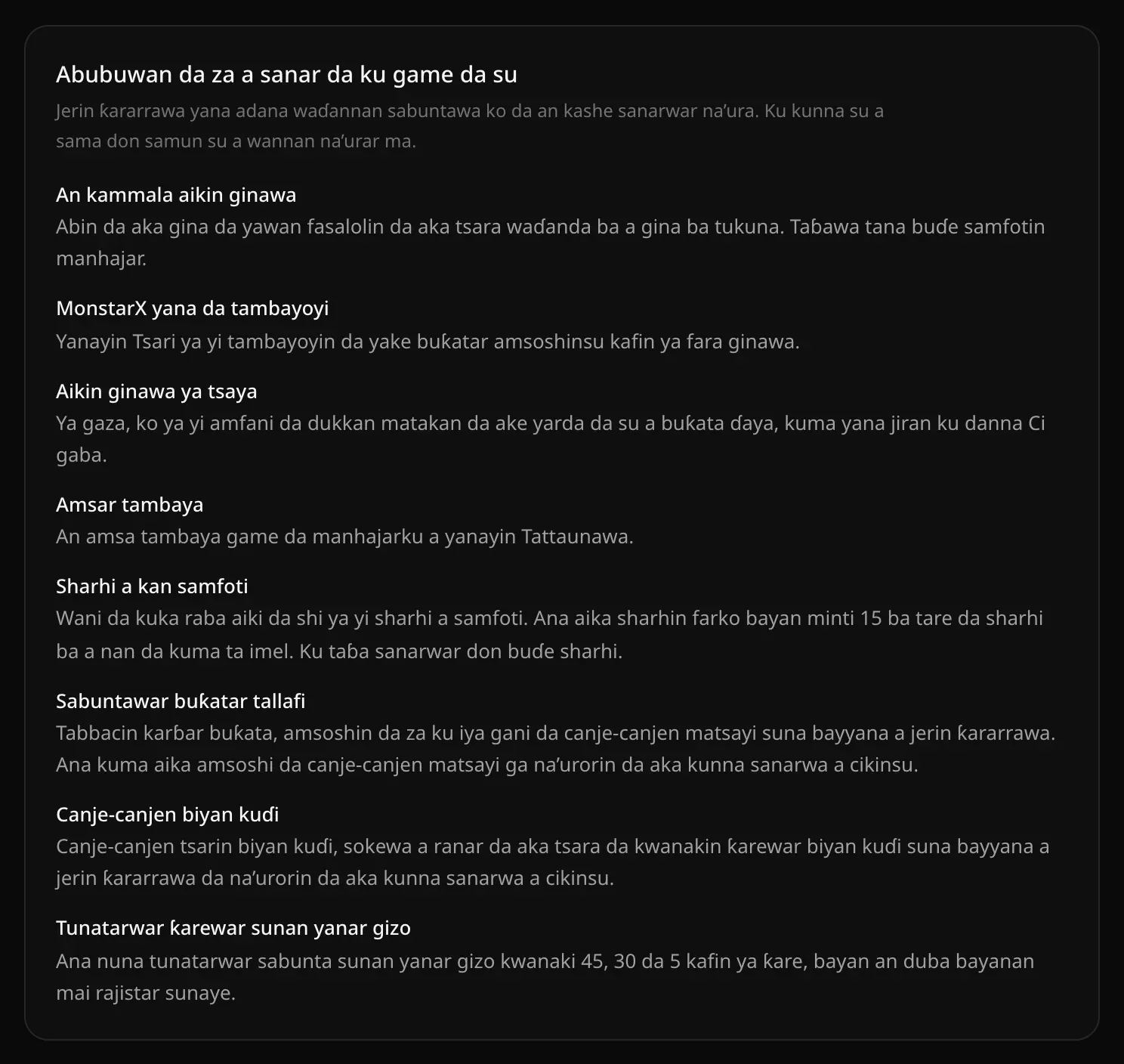 Abubuwan da za a sanar da ku game da su, yana jera kowane nau’in sanarwa da layi ɗaya kan abin da take faɗa