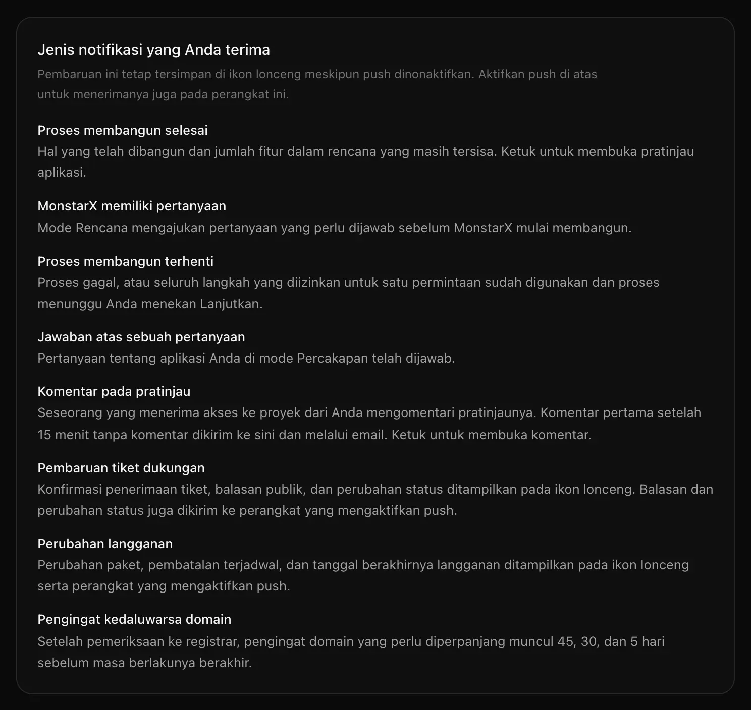 Jenis notifikasi yang Anda terima, mencantumkan setiap jenis notifikasi beserta satu baris penjelasan isinya