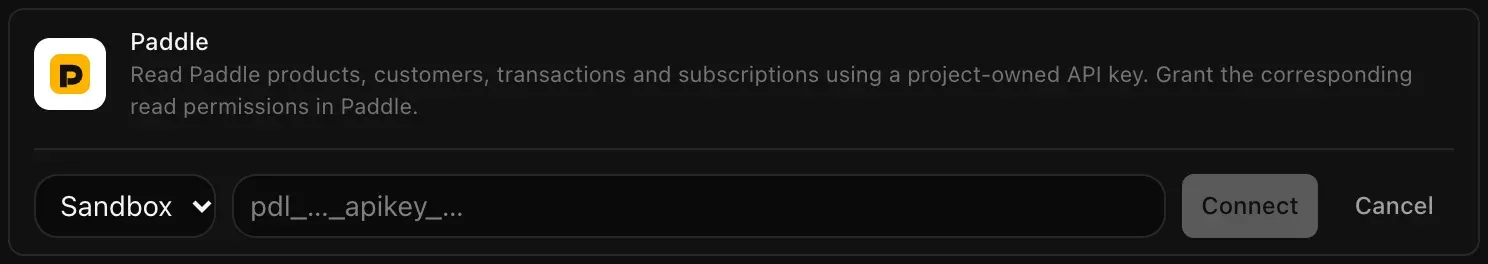 The Paddle row opened for connecting: a Sandbox or Live menu, an empty API key field, and Connect and Cancel buttons