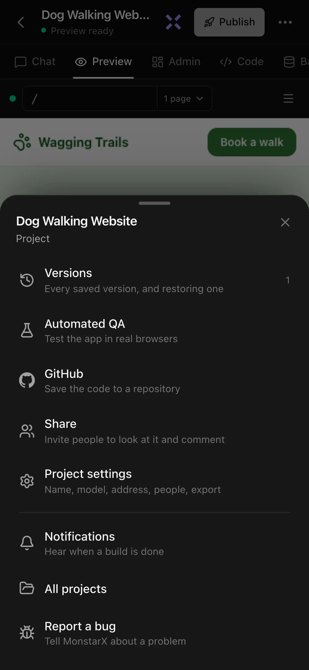 The More sheet on a phone for the Dog Walking Website project: Versions, Automated QA, GitHub, Share, Project settings, Notifications, All projects and Report a bug, each with a short description
