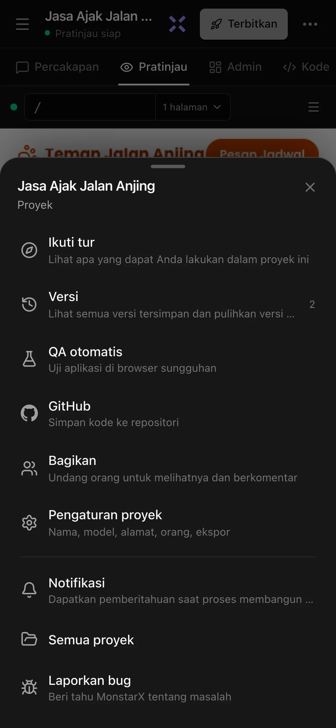 Lembar Lainnya di ponsel untuk proyek situs web jasa ajak jalan anjing: Ikuti tur, Versi, QA otomatis, GitHub, Bagikan, Pengaturan proyek (Nama, model, alamat, orang, ekspor), Notifikasi, Semua proyek, dan Laporkan bug, masing-masing dengan deskripsi singkat
