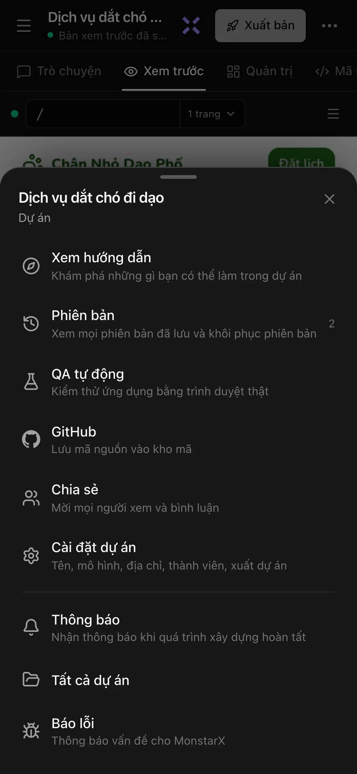 Bảng Khác trên điện thoại của dự án trang web dắt chó đi dạo: Xem hướng dẫn, Phiên bản, QA tự động, GitHub, Chia sẻ, Cài đặt dự án, Thông báo, Tất cả dự án và Báo lỗi, mỗi mục kèm một dòng mô tả ngắn